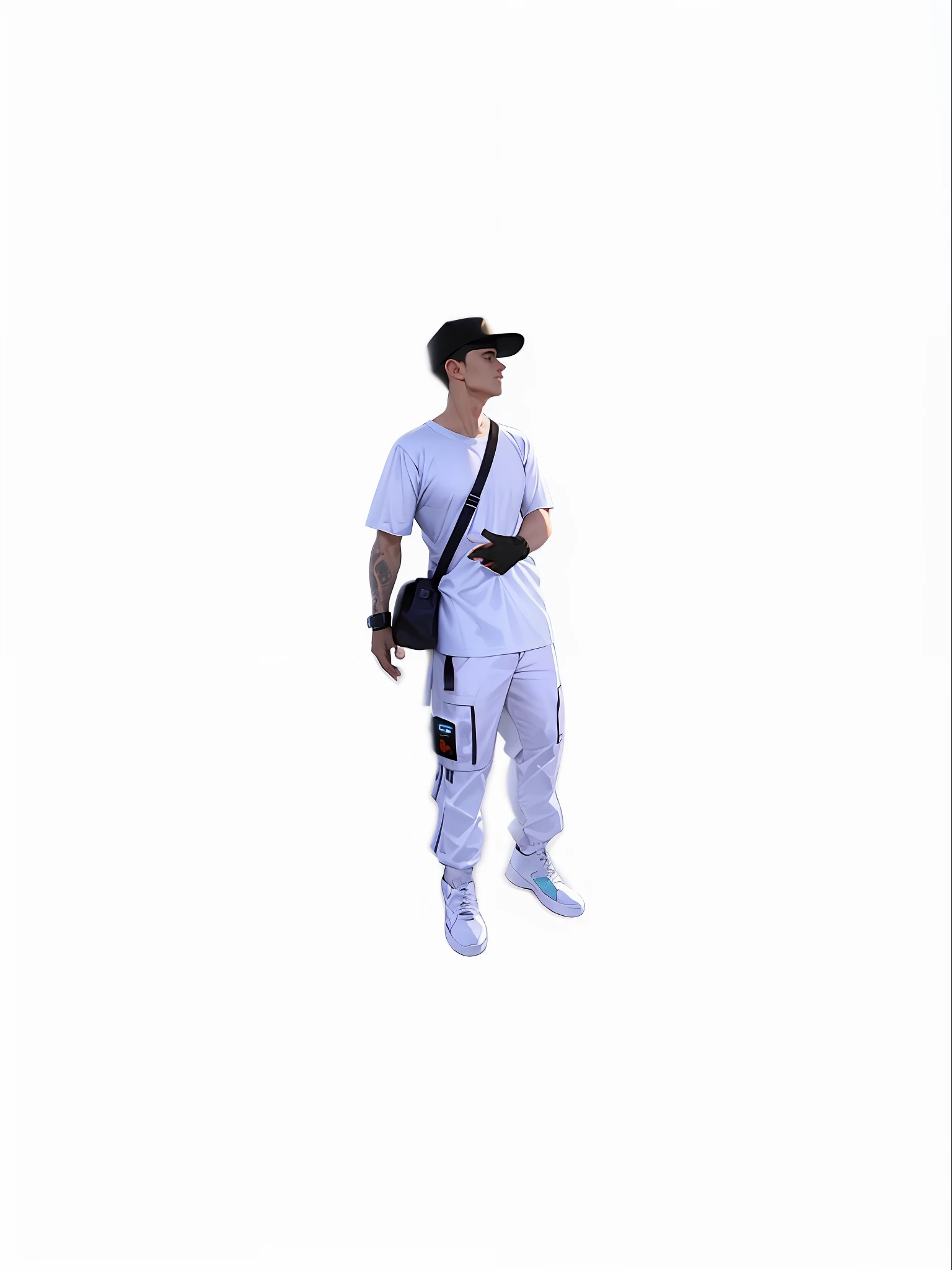 Man in white shirt and pants, full body photo, hyper-detailed. Rio de Janeiro favela background, cinematic focus, 8k quality