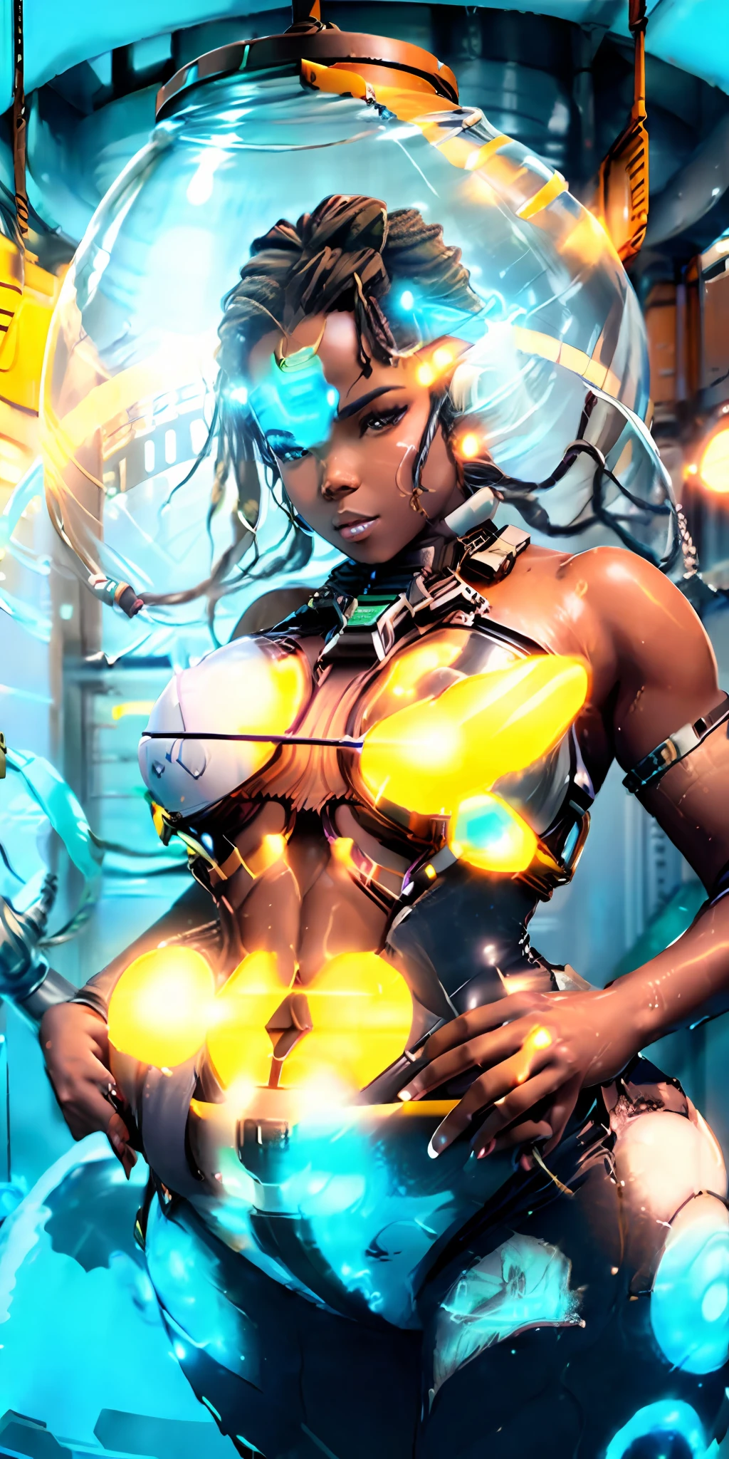 (in_container, stasis_tank:1.25), African Goddess jiggly fat round belly voluptuous body, she is a alien in water, glowing water, led lights, neon light strips, Kendall Jenner