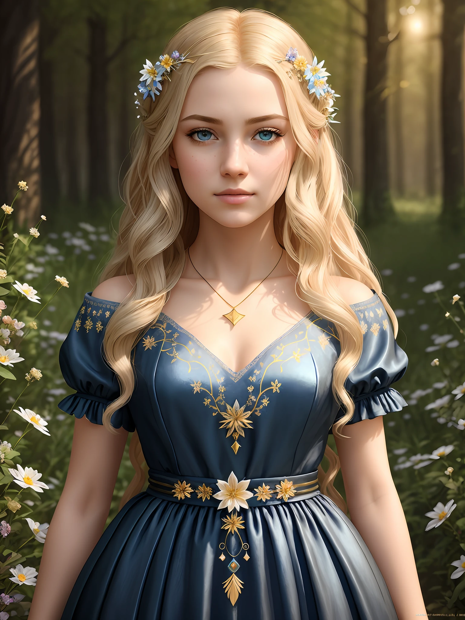 portrait of beautiful princess, gold blond hair, teen 16 years old, (magic forest background), pale skin, delicate and pretty detailed face, detailed and realistic bright blue eyes, dark and long lashes, dark brown, fairy and flowers, wild flowers blending into hair, medieval blue elegant long dress, silver necklace with crescent moon pendant, full body, hyperdetailed painting, luminism, Bar lighting, complex, 4k resolution concept art portrait by Greg Rutkowski, fractal isometrics details bioluminescens : a stunning realistic photograph-upscale -