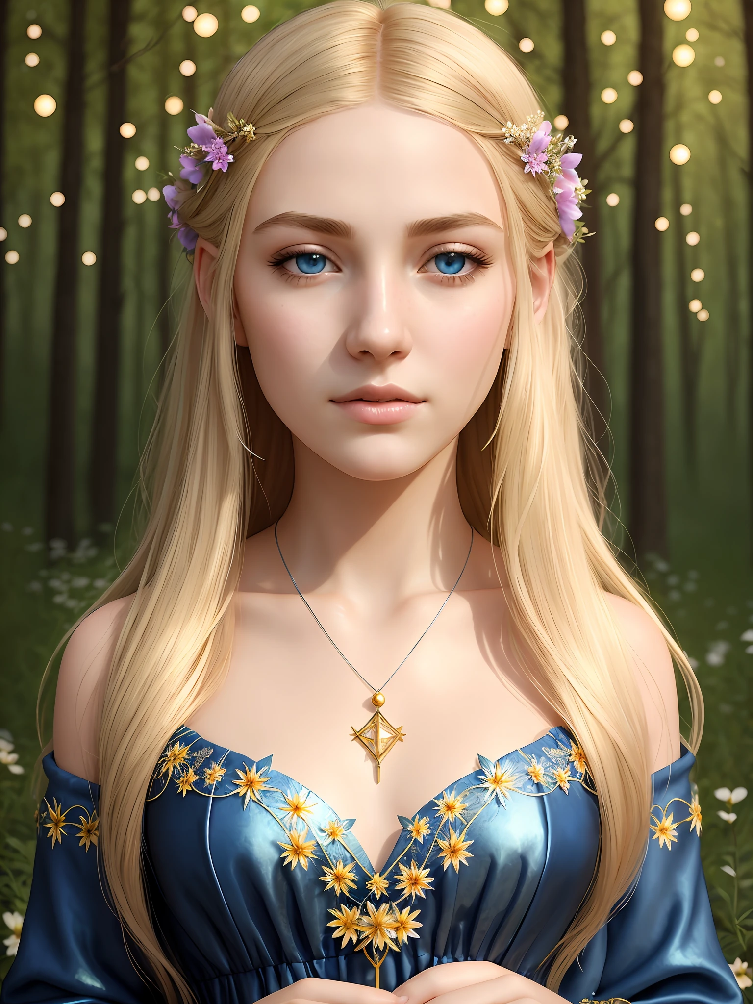 portrait of beautiful princess, gold blond hair, teen 16 years old, (magic forest background), pale skin, delicate and pretty detailed face, detailed and realistic bright blue eyes, dark and long lashes, dark brown, fairy and flowers, wild flowers blending into hair, medieval blue elegant long dress,  silver necklace with crescent moon pendant, full body, hyperdetailed painting, luminism, Bar lighting, complex, 4k resolution concept art portrait by Greg Rutkowski, fractal isometrics details bioluminescens : a stunning realistic photograph-upscale -