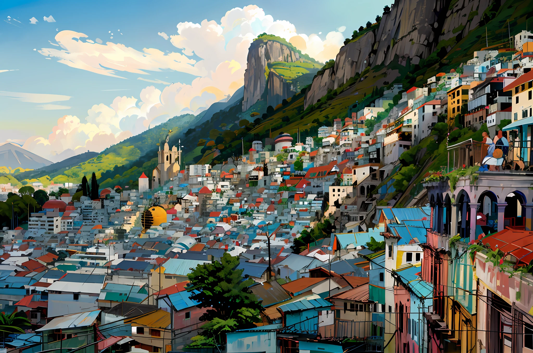 arafed view of a city with a mountain in the background, rio de janeiro favela, favelas, favelas in rio, favela, an opulent favela environment, location ( favela ), ancient ruins favela, rio de janeiro, futuristic favela, location ( favela _ wall ), favela spaceship cathedral, by Felipe Seade