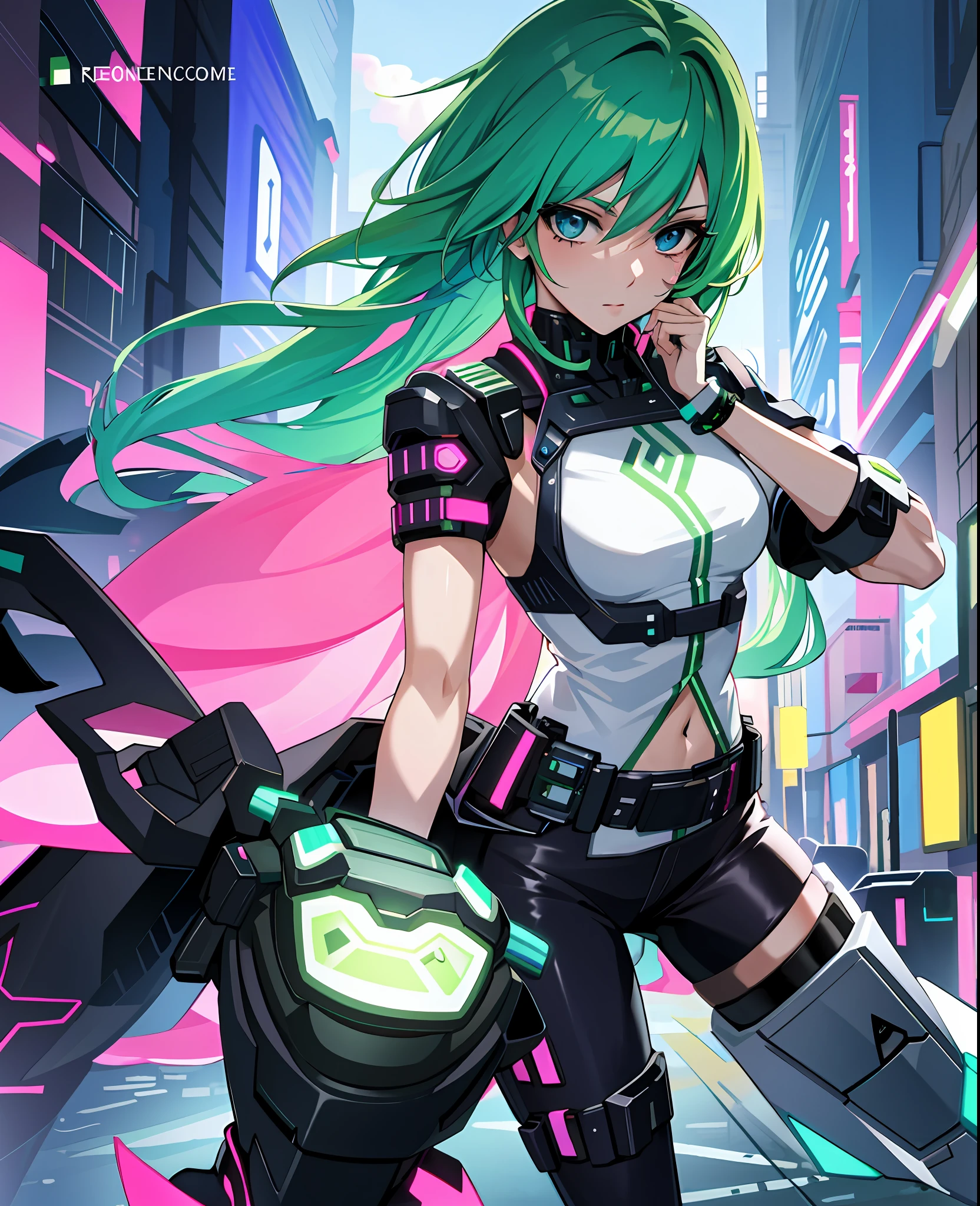 Woman, realistic character, green hair with pink locks, blue eyes, anime, Alone, modern, cyberpunk