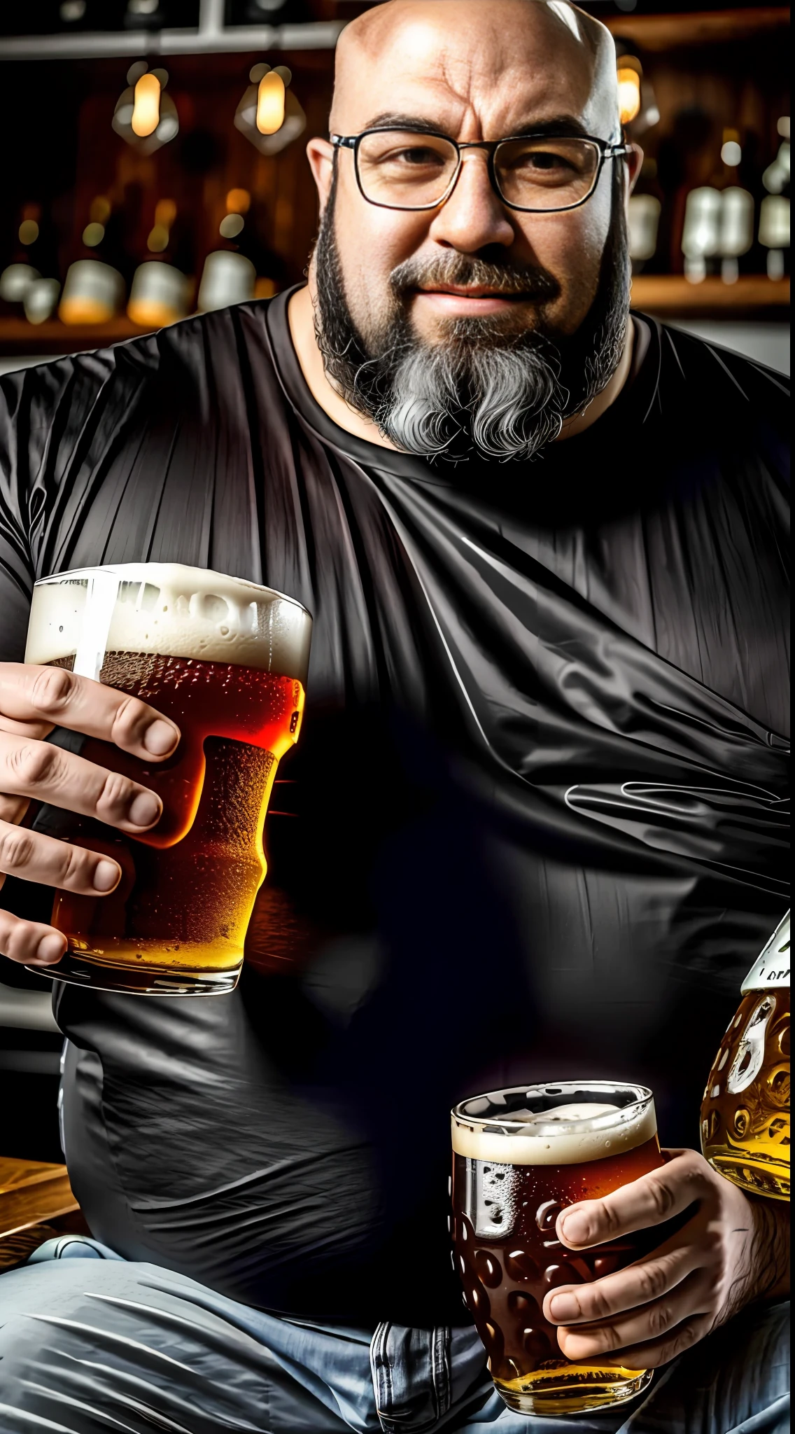 (masterpiece): 1.4, best quality: 1.2, bokeh, realistic: 1.2, (detailed body): 1.1, (chubby and strong man, black bearded and bald holding 1 glass of beer): 1.1 (bald) (glasses) (4 fingers and 1 thumb) black t-shirt, 64k UHD