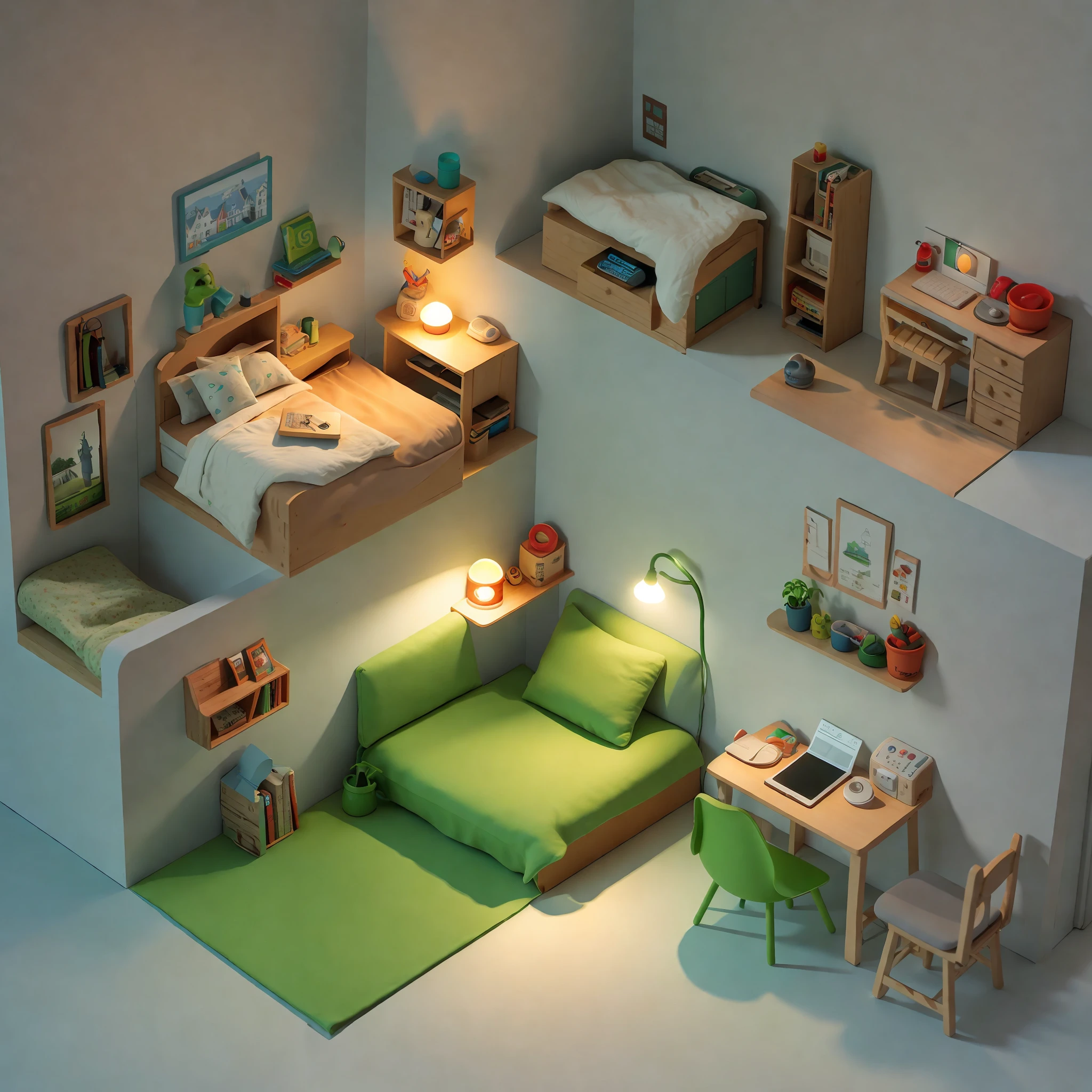 （Pixar style),A model of a cozy small room, miniature figure model, light source from right to left, Rumbrandt lighting, light source from right to left, (isometric view), (top-down), realistic scale, post-processing, ((orthogonal perspective)), super detail, realistic, super realistic, realistic render, green