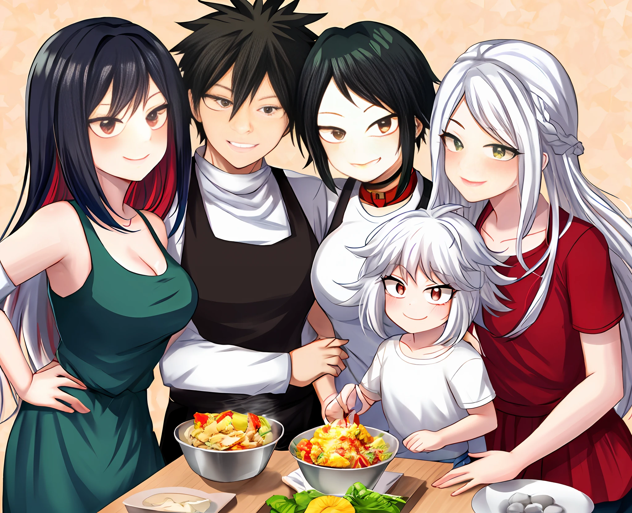 Family Photo, Tall, My Hero Academia art style. Multicolored Hair (Black Hair, White Hair), Kitchen Background