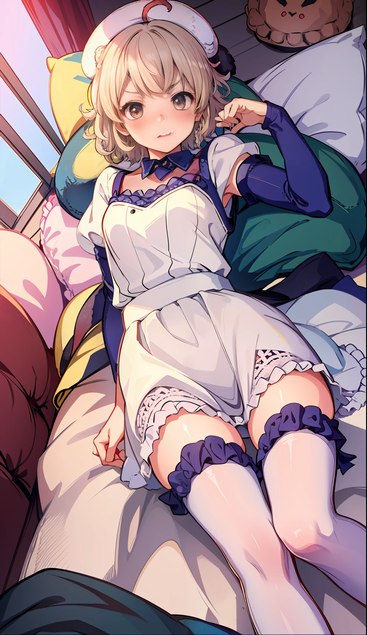 (iwanagadress:1.2), (iwanagakotoko:0.9),(beret:1.8), embarrassed, 
iwanaga kotoko, 1girl, 
a girl laying down on a bed, 1girl, ultra detailed, high quality, indoors, bedroom, bed, cute, blushing, beautyful face, beautyful body, white dress, blonde hair, short hair, white stocking, beautyul legs, beautyful arms, detailed body, iwanaga kotoko, anime, blushing