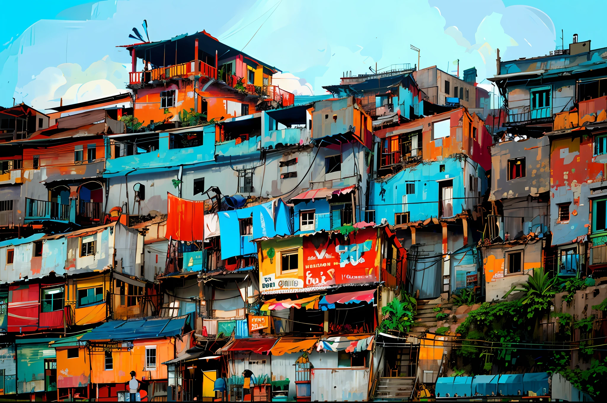 arafed building with a lot of windows and a blue roof, favelas, an opulent favela environment, futuristic favela, favelas in rio, favela, rio de janeiro favela, location ( favela _ wall ), location ( favela ), ancient ruins favela, background is a slum, colorful houses, by Felipe Seade, colorful city