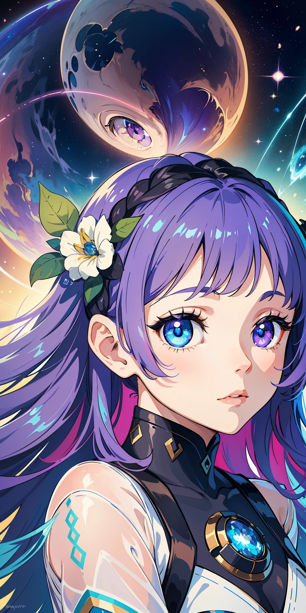 A girl in space captivates with her ((heterochromatic eyes)), each iris displaying a unique and enchanting color combination. Her eyes shimmer like celestial gems, reflecting the wonders of the cosmos. The illustrative style takes inspiration from the ethereal works of Jasmine Becket-Griffith, known for her enchanting and fantastical character illustrations. The color palette combines celestial shades of blues, purples, and hints of stardust-like glimmers. The camera angle captures the girl in a contemplative gaze, highlighting the mesmerizing beauty of her heterochromatic eyes amidst the vastness of space.