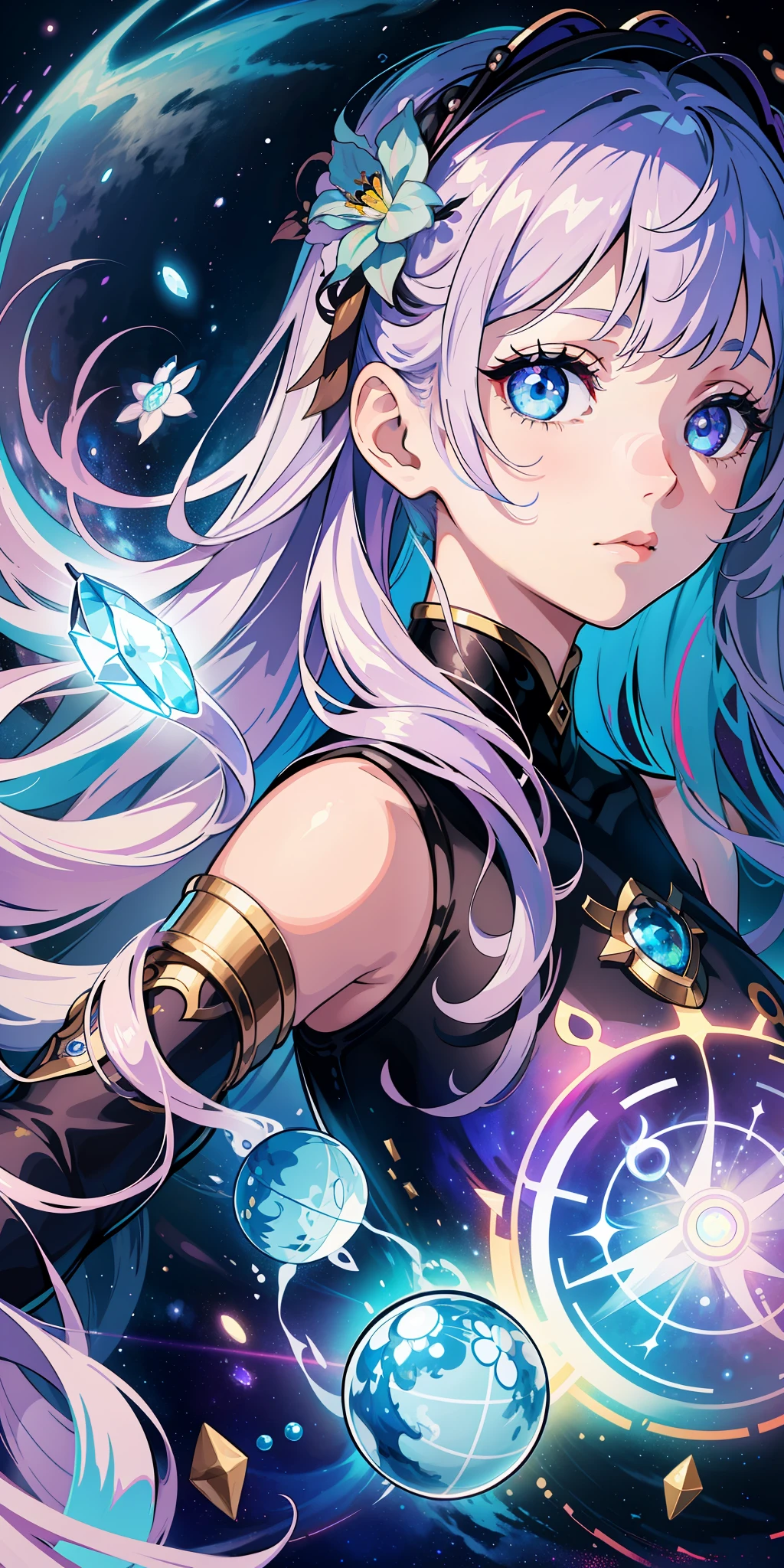 A girl in space captivates with her ((heterochromatic eyes)), each iris displaying a unique and enchanting color combination. Her eyes shimmer like celestial gems, reflecting the wonders of the cosmos. The illustrative style takes inspiration from the ethereal works of Jasmine Becket-Griffith, known for her enchanting and fantastical character illustrations. The color palette combines celestial shades of blues, purples, and hints of stardust-like glimmers. The camera angle captures the girl in a contemplative gaze, highlighting the mesmerizing beauty of her heterochromatic eyes amidst the vastness of space.
