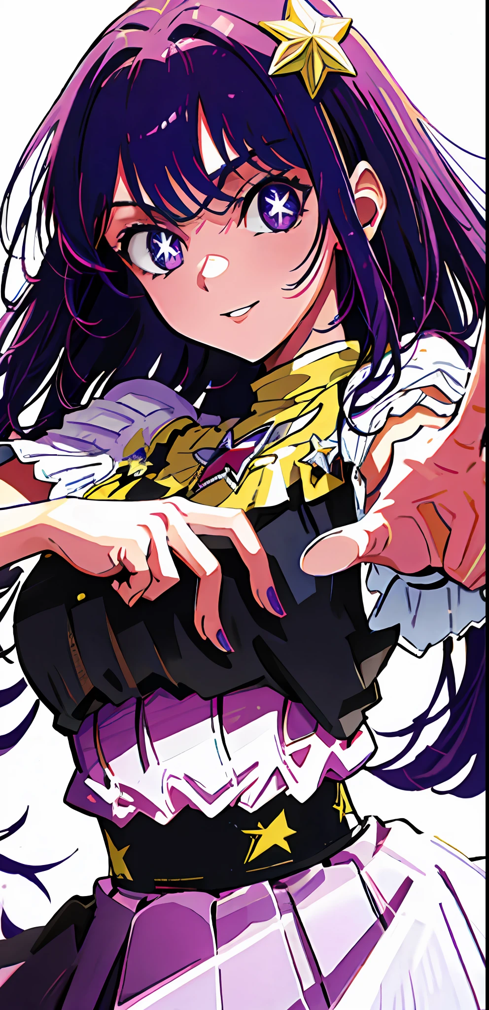 1girl, solo ,idol outfit, bangs, happy ,posing , multicolored hair, (masterpiece:1.2), highres, best quality, 8k, white background, purple hair, star eye pupils, purple eyes , mouth open