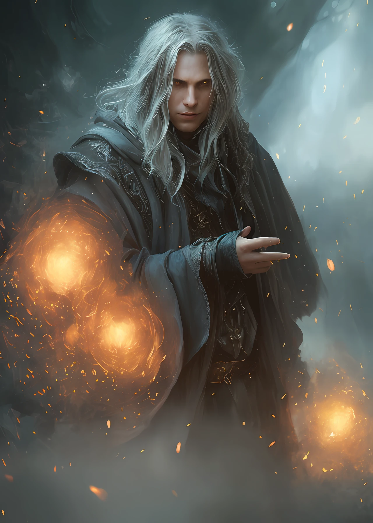 medium range portrait of a hyperdetailed in the style of a dementor from harry potter and a rogue wizard dnd character, (pleasant:1.3) thoughtful expression, (conjuring magical energy:1.3), cinematic shot on canon 5d ultra realistic skin, Steve Henderson Fabian Perez Henry Asencio, Jeremy Mann Marc Simonetti fantasy magical horror atmosphere, (highly detailed environment:1.3)