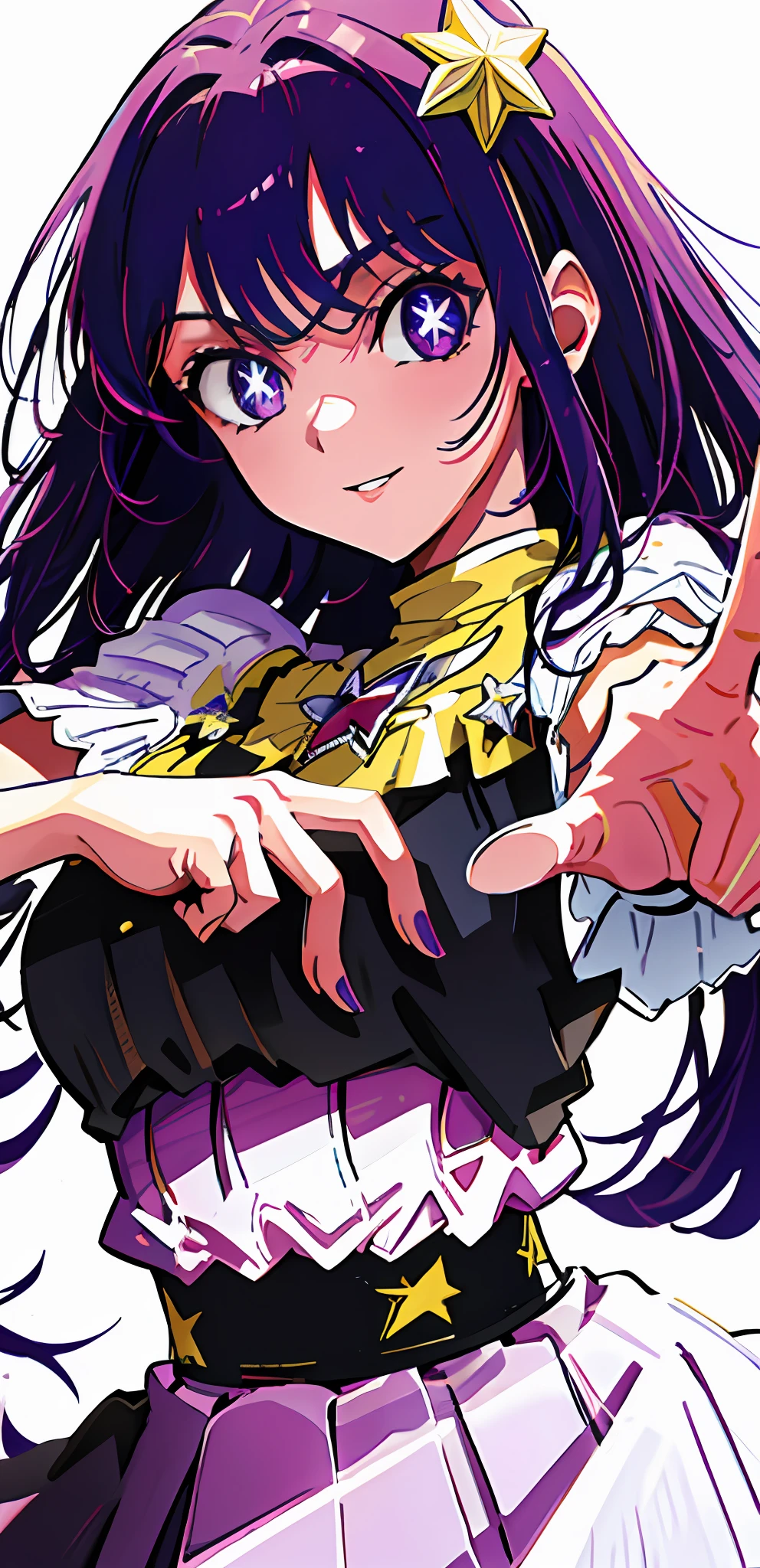 1girl, solo ,idol outfit, bangs, happy ,posing , multicolored hair, (masterpiece:1.2), highres, best quality, 8k, white background, purple hair, star eye pupils, purple eyes , mouth open