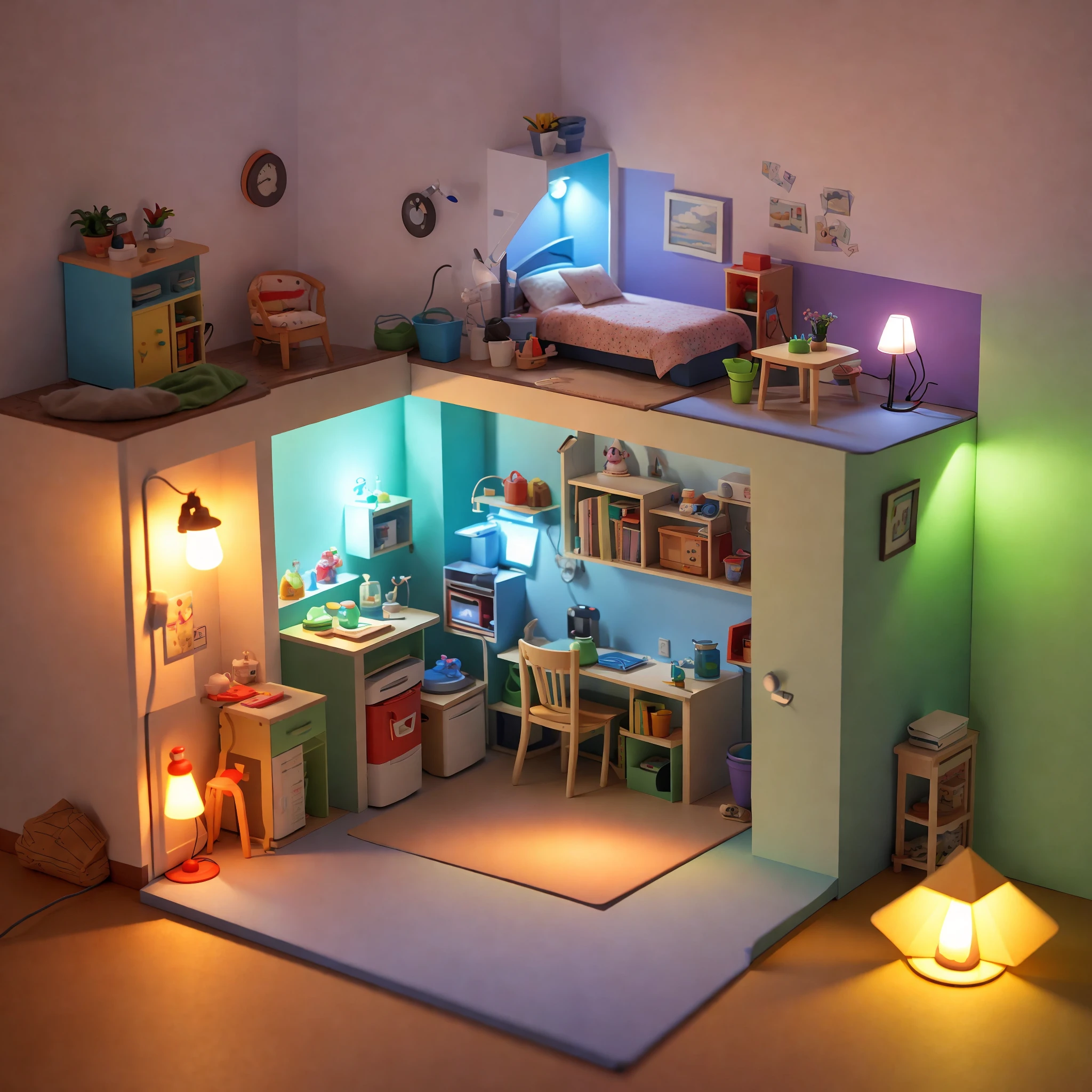 （Pixar style),A model of a cozy small room, miniature figure model, light source from right to left, Rumbrandt lighting, light source from right to left, (isometric view), (top-down), realistic scale, post-processing, ((orthogonal perspective)), super detail, realistic, super realistic, realistic render, rainbow color, glitter