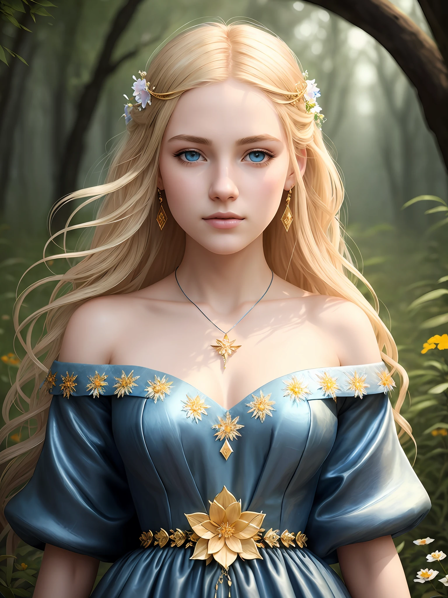 portrait of beautiful princess, gold blond hair, teen 16 years old, (magic forest background), pale skin, delicate and pretty detailed face, detailed and realistic bright blue eyes, dark and long lashes, dark brown, fairy and flowers, wild flowers blending into hair, medieval blue elegant long dress,  silver necklace with crescent moon pendant, full body, hyperdetailed painting, luminism, Bar lighting, complex, 4k resolution concept art portrait by Greg Rutkowski, fractal isometrics details bioluminescens : a stunning realistic photograph-upscale -