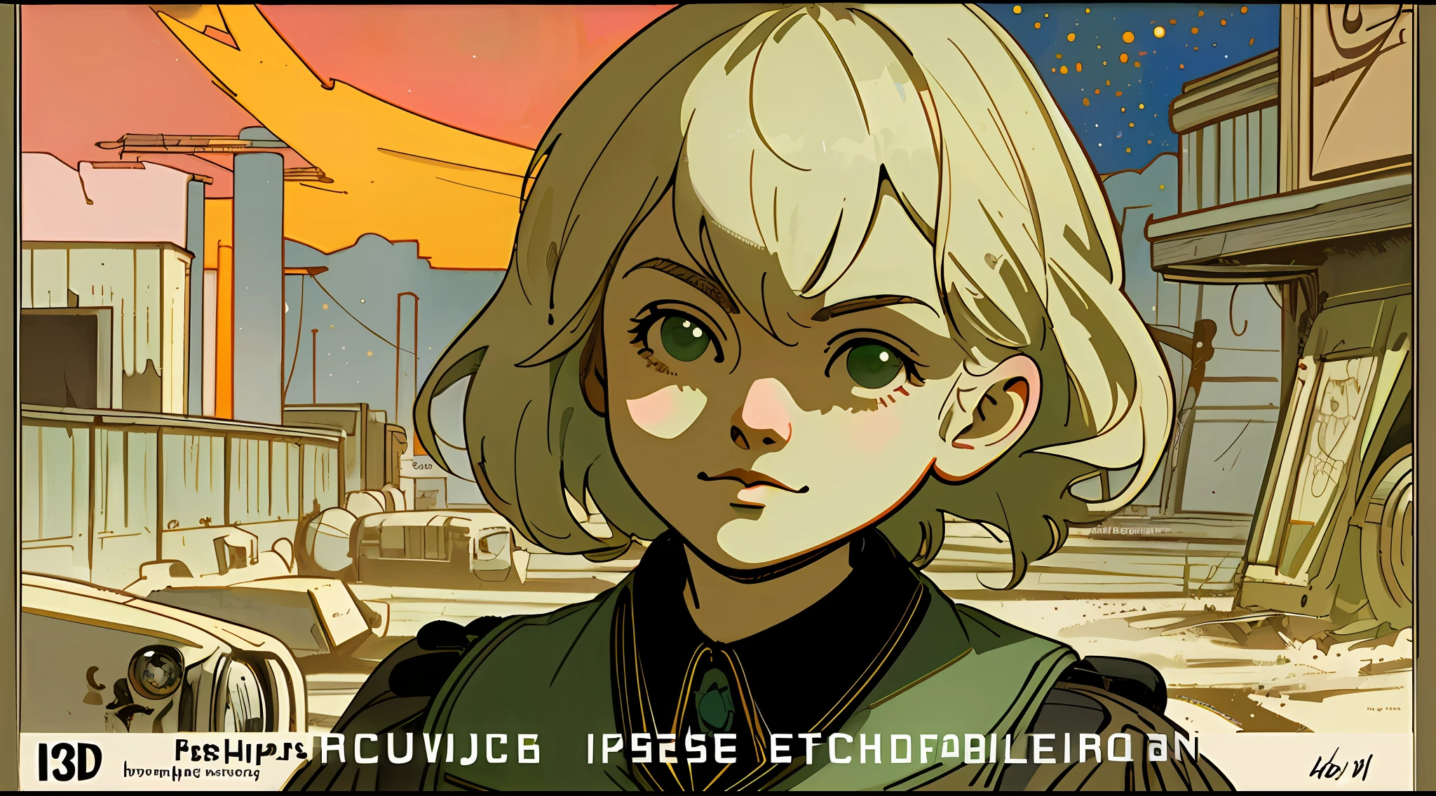 (masterpiece), (best quality), (best detail), (worn paper borders),(postage stamp),(handwritten ink letters),(main illustration color: pastel dark green), (secondary color: saturated black), vintage advertising poster of a very beautiful blonde model and Soviet-style letters(very detailed face) with cheerful posture),western futuristic scenario of a dirty and old alley, at night (sky with many stars), , clean, busy environment, shading (detailed, lots of contrast), very saturated pulp colors