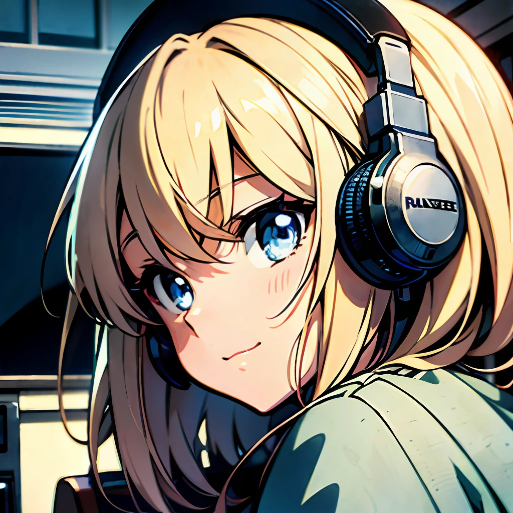 (best-quality:0.8), perfect anime illustration, extreme closeup portrait of a pretty woman listening to radio, old-style, curious face, vintage, anime, radio in frame, table, studying, not looking at camera
