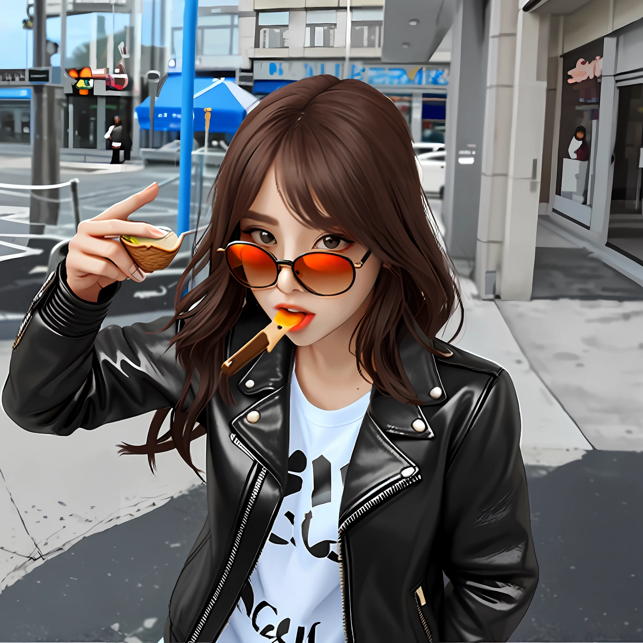 (best quality) a woman, wearing a leather jacket, with sunglasses, eating ice cream