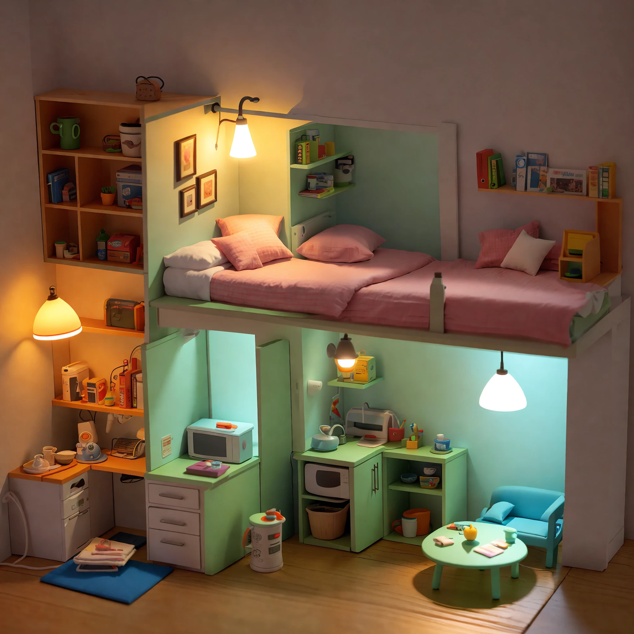 （Pixar style),A model of a cozy small room, miniature figure model, light source from right to left, Rumbrandt lighting, light source from right to left, (isometric view), (top-down), realistic scale, post-processing, ((orthogonal perspective)), super detail, realistic, super realistic, realistic render, rainbow color