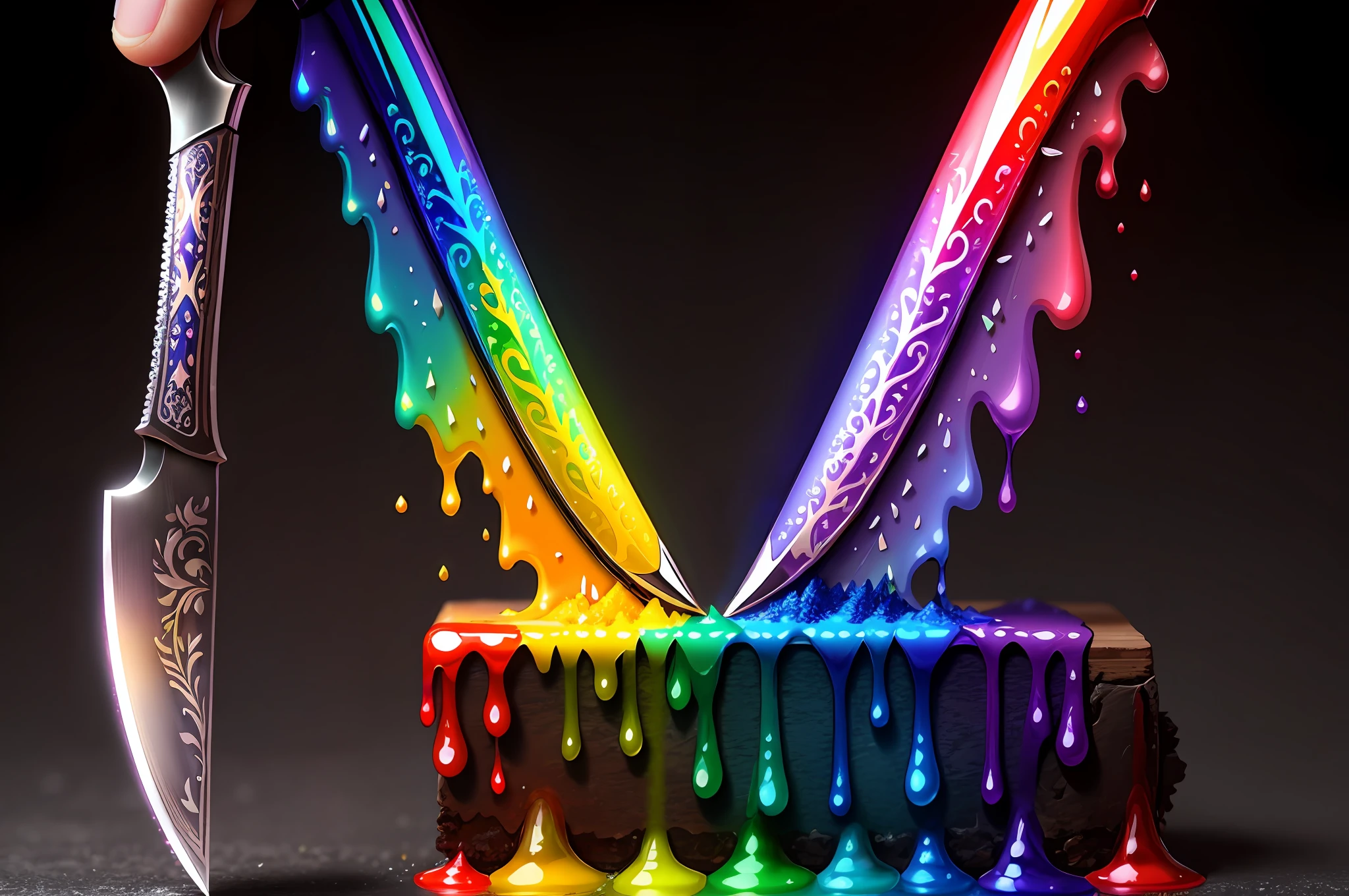 An intricate knife glistens with rainbow colors, covered in shiny, sticky paint drops.