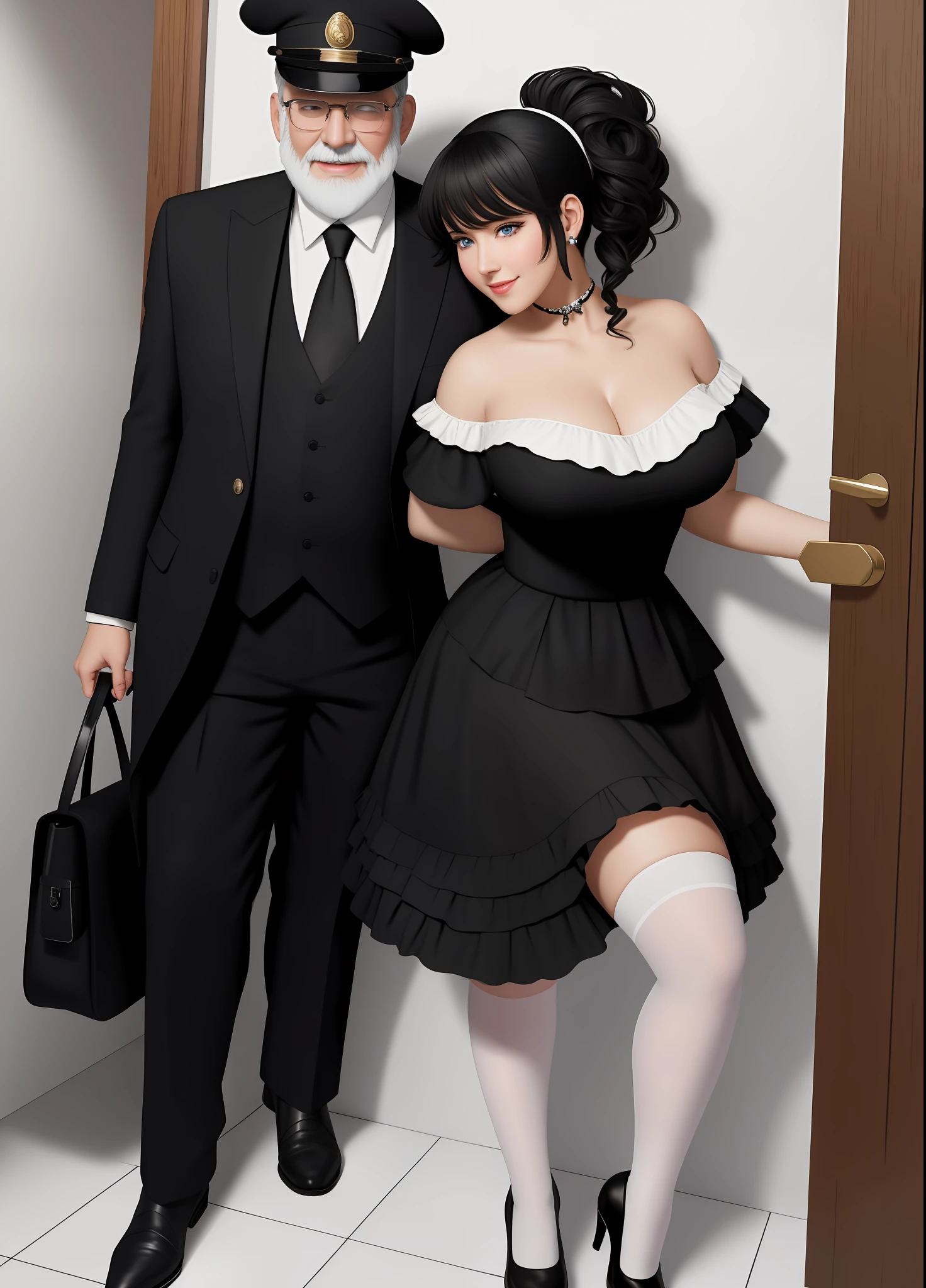 Full body image of two characters standing, a woman in a black maid’s outfit with a black skirt and white stockings with clips on the skirt wearing a maid’s cap, extremely sensual, with exaggeratedly large breasts and exhibitionist with tight clothing on her body, a bald old man with wrinkled skin and long white beard in a black suit and tie, he is holding her tightly by the waist from behind ((she has black hair and blue eyes)), her hand is on the wall, they are at the entrance to the bathroom where you can see the shower open with hot water and steam coming out of the door, they are looking at the viewer, she is smiling, he is angry, anime, Realism, UHD, 16k, masterpiece, high details, best quality, anatomically correct, 16k, best quality, high details, masterpiece, UHD