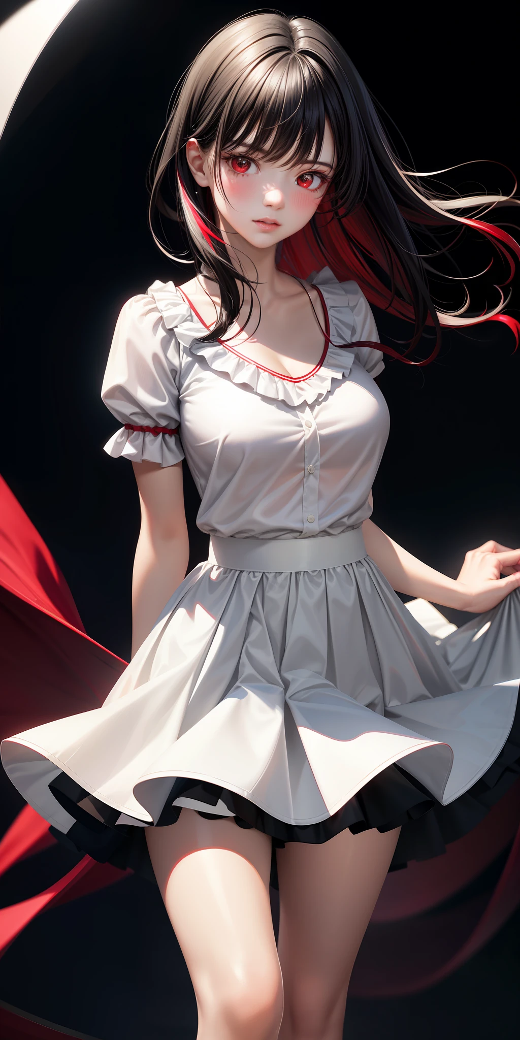 Realistic, girl alone, black hair with red highlights, red eyes, shining eyes, white ruffled shirt, skirt, parted lips, blush, night, sunlight, white skirt, short skirt, medium length hair, realistic, warm color, cleavage, white clothes, light background color, daytime environment, bright color background, saudi, sea, cute,