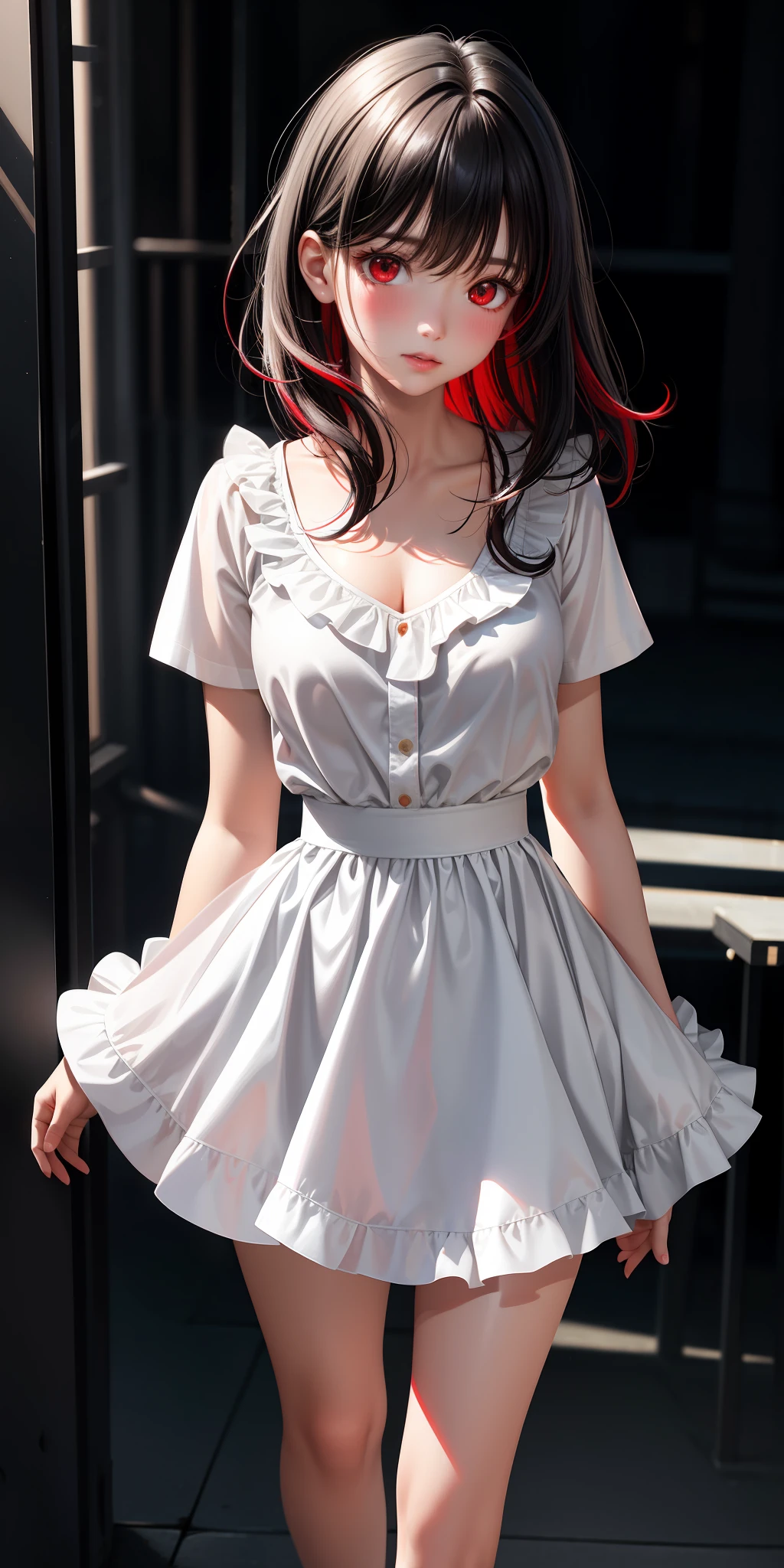 Realistic, girl alone, black hair with red highlights, red eyes, shining eyes, white ruffled shirt, skirt, parted lips, blush, night, sunlight, white skirt, short skirt, medium length hair, realistic, warm color, cleavage, white clothes, light background color, daytime environment, bright color background, saudi, sea, cute,