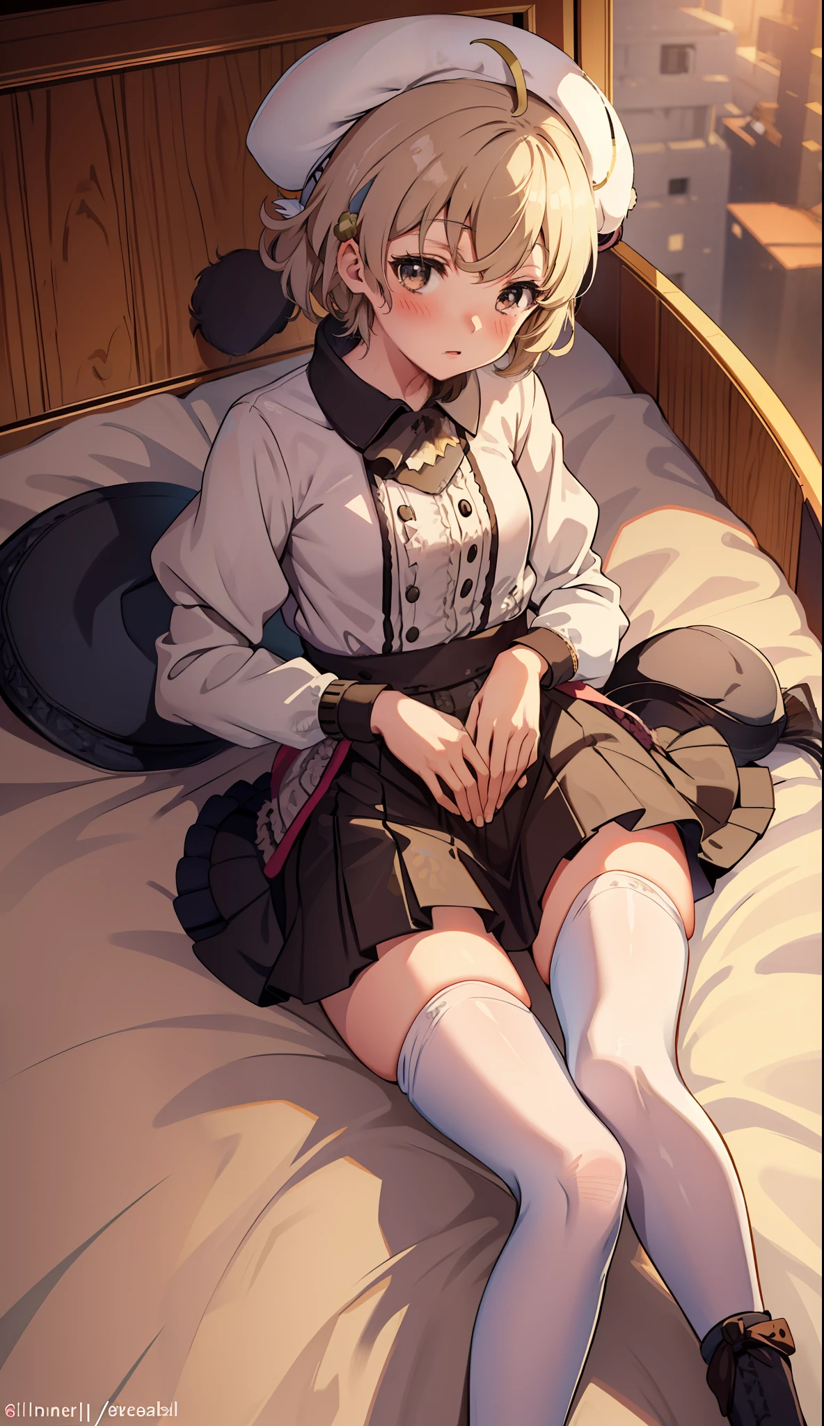(iwanagakotoko:0.9),(beret:1.8), embarrassed,
iwanaga kotoko, 1girl,
a girl laying down on a bed, 1girl, ultra detailed, high quality, indoors, bedroom, bed, cute, blushing, beautyful face, beautyful body, blonde hair, short hair, black stocking, beautyul legs, beautyful arms, detailed body, iwanaga kotoko, anime, blushing, brown shirt, black skirt, brown dress,