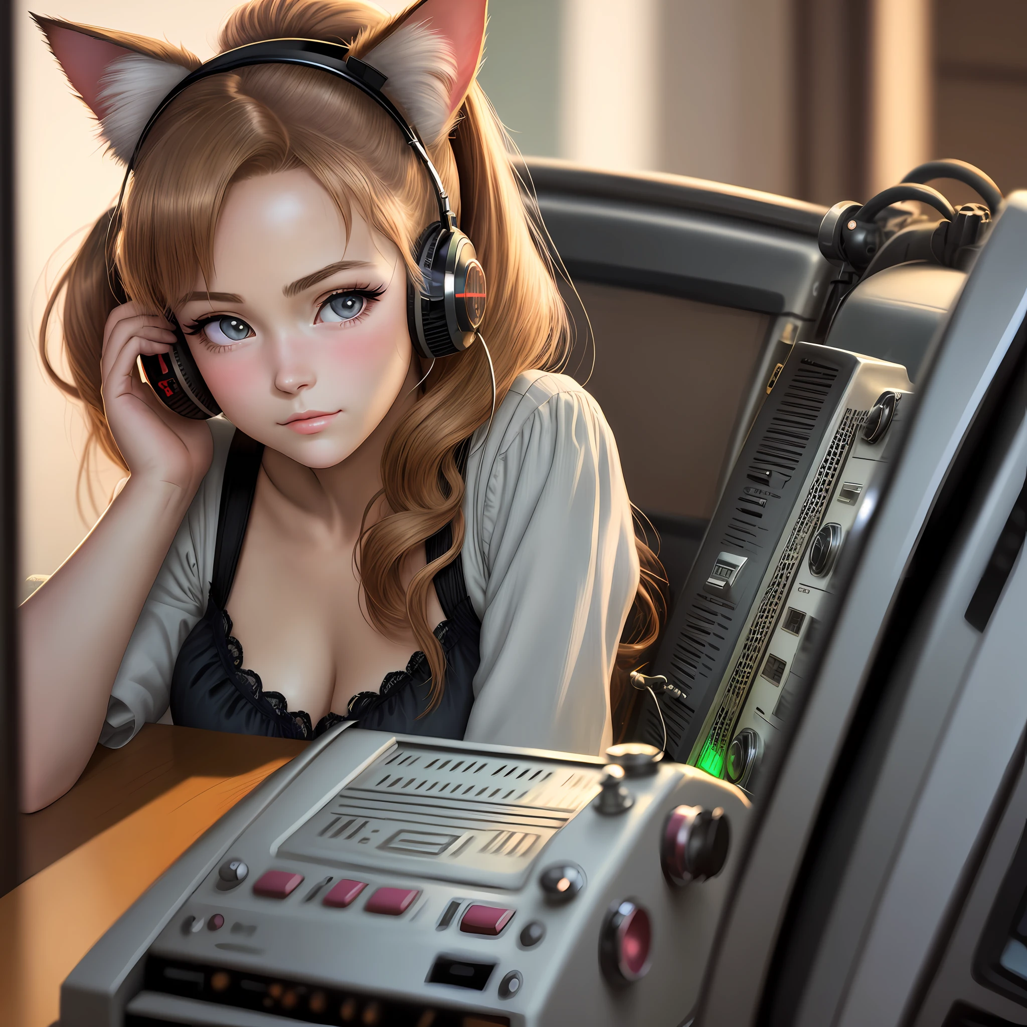 (best-quality:0.8), perfect anime illustration, extreme closeup portrait of a pretty woman listening to radio, old-style, curious face, vintage, radio in frame, table, studying, not looking at camera, heart-shaped pupils, fake animal ears, cat ears, ponytail, anime, from below, anime, UHD, retina, 4K