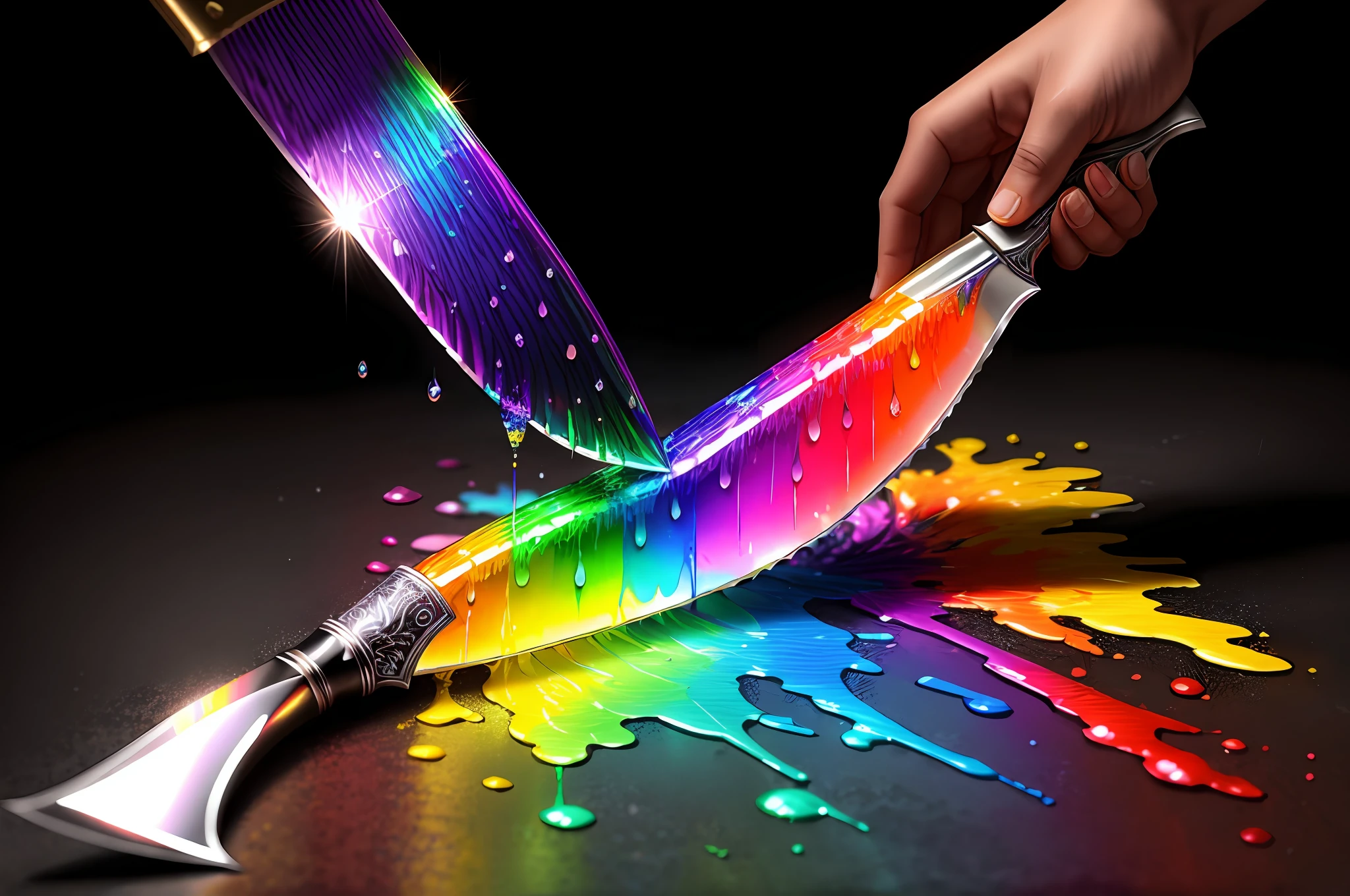 An intricate knife glistens with rainbow colors, covered in shiny, sticky paint drops.