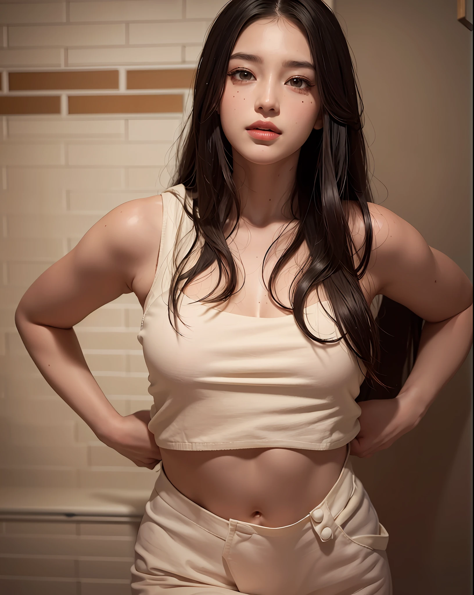 (photorealistic), (high resolution), (8K), (extremely detailed), photo, (beautiful detailed eyes), (best quality), (super detailed), (masterpiece), (wallpaper), (detailed face), solo, 1 girl, wavy hair, Korean, heterochromic eyes, small moles under the eyes, loose shirt, micro bikini, see through dental floss, large breasts, long legs, tight abs, camel fingers, dynamic pose, sexy wet body, Rear views, perfect face, yummy, naughty face