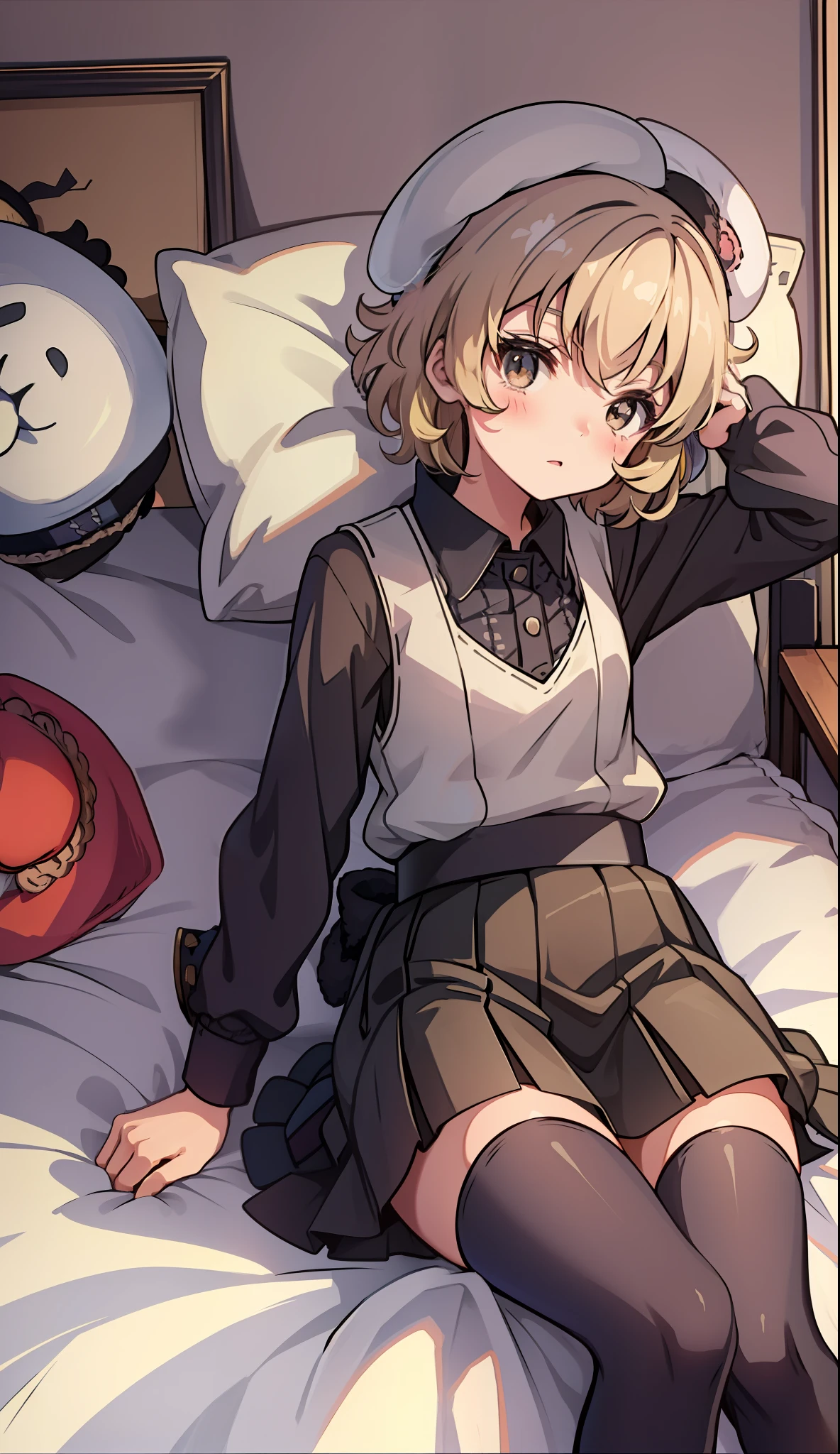 (iwanagakotoko:0.9),(beret:1.8), embarrassed,
iwanaga kotoko, 1girl,
a girl laying down on a bed, 1girl, ultra detailed, high quality, indoors, bedroom, bed, cute, blushing, beautyful face, beautyful body, blonde hair, short hair, black stocking, beautyul legs, beautyful arms, detailed body, iwanaga kotoko, anime, blushing, brown shirt, black skirt, brown dress,