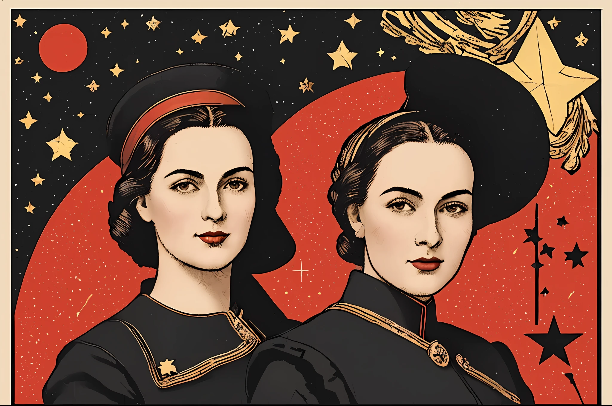 (masterpiece), (best quality), (best detail), (general plan), (worn paper borders),(postage stamp),(main color of the illustration: red), (secondary color: saturated black), vintage poster of a very beautiful model and Soviet-style letters (very detailed face) with cheerful posture, military base stage, at night (sky with many stars), shading (detailed, much contrast), very saturated pulp colors