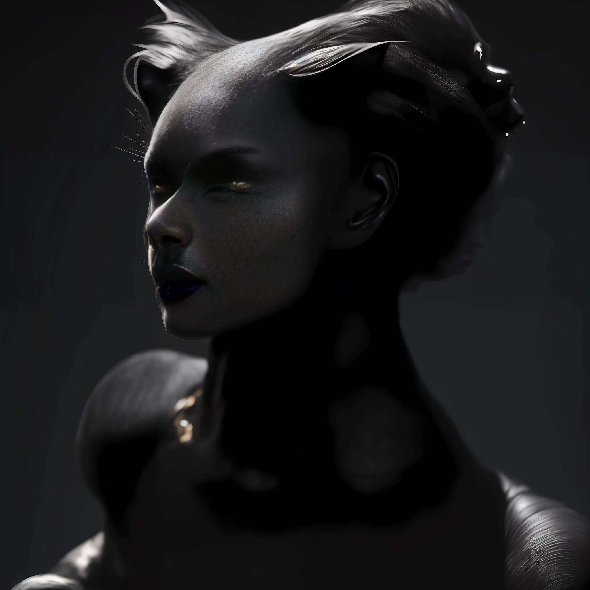 arafed woman with black makeup and a cat's head, 3d render of catwoman, portrait of female humanoid, black octane render, hyperdetailed fantasy character, female humanoid creature, humanoid portrait, subsurface scattering skin, 8k portrait render, portrait of a humanoid alien, marmoset render, rendered in zbrush, dramatic cinematic detailed fur