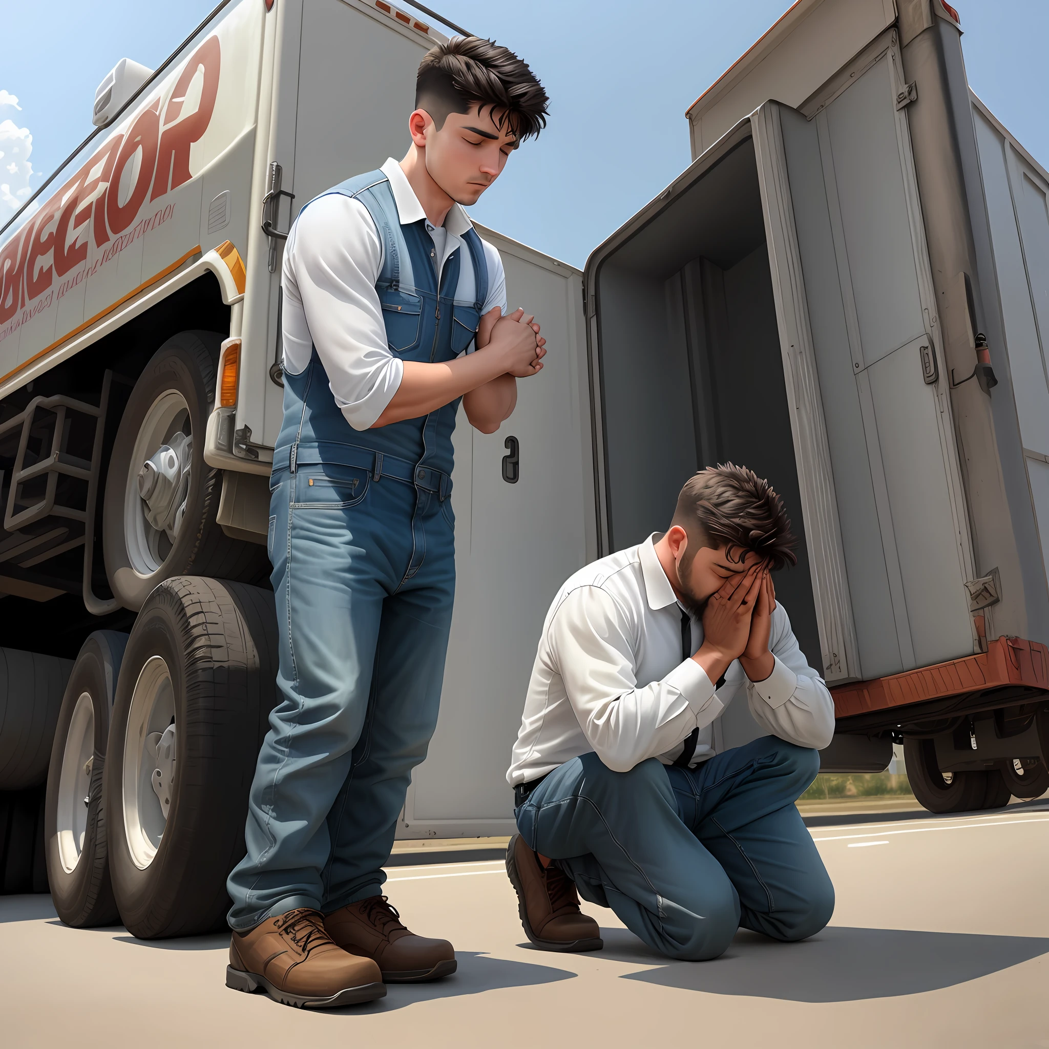 Man on his knees praying with his hands to the sky and behind him be his big truck stopped and he be outside on his knees on the ground real picture with details