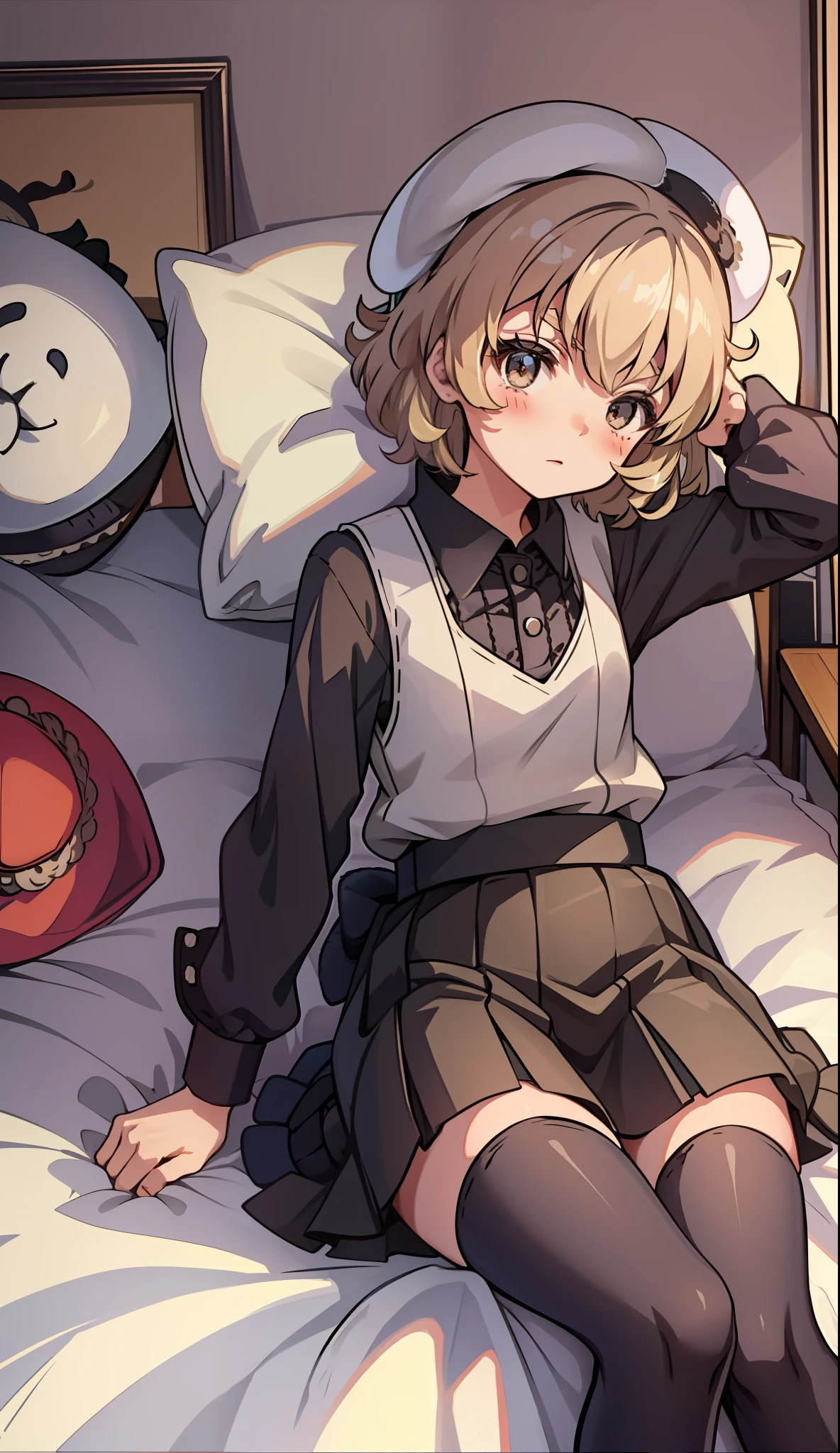 (iwanagakotoko:0.9),(beret:1.8), embarrassed,
iwanaga kotoko, 1girl,
a girl laying down on a bed, 1girl, ultra detailed, high quality, indoors, bedroom, bed, cute, blushing, beautyful face, beautyful body, blonde hair, short hair, black stocking, beautyul legs, beautyful arms, detailed body, iwanaga kotoko, anime, blushing, brown shirt, black skirt, brown dress,