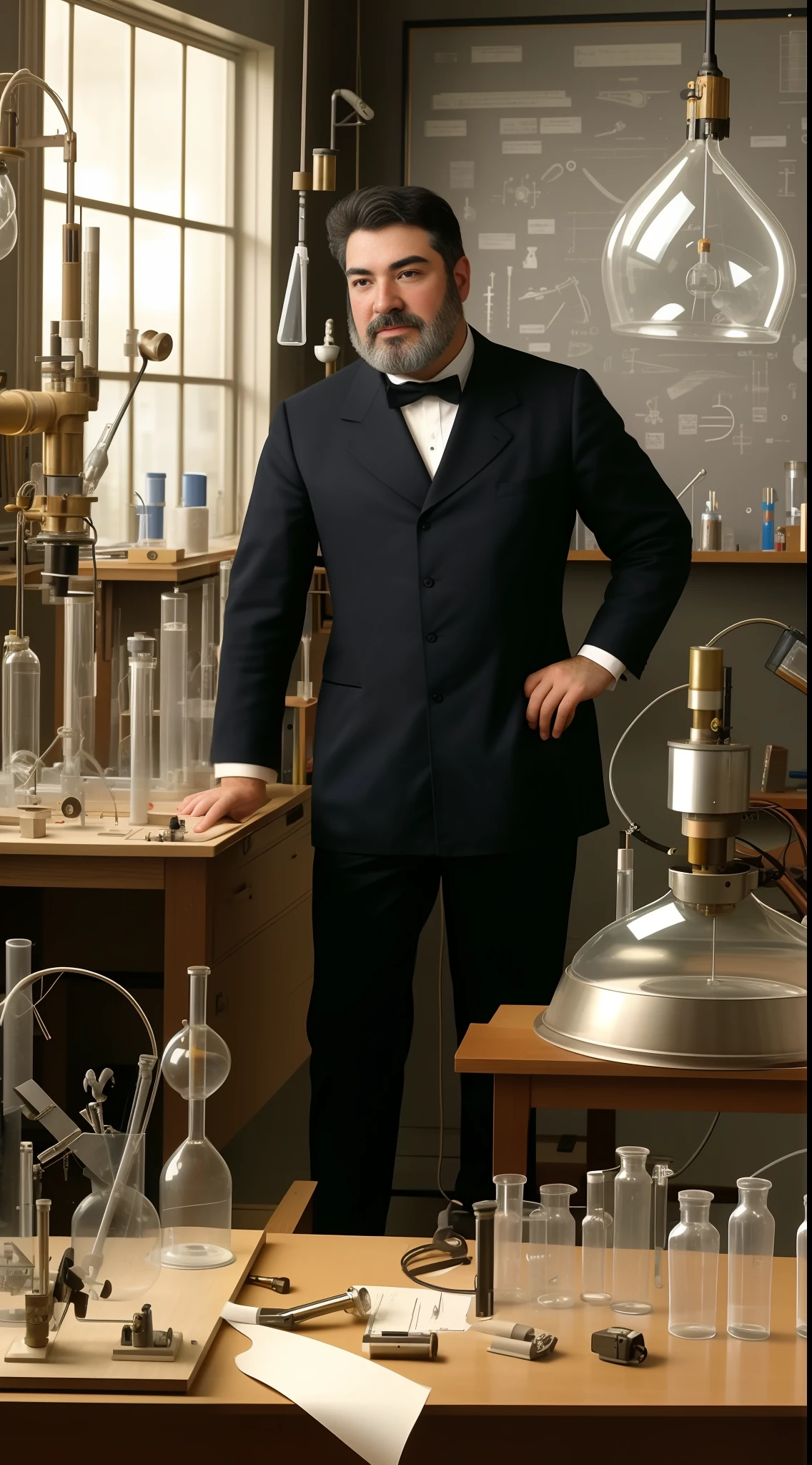 A picture of Alexander Bell working in his lab, surrounded by his inventions.