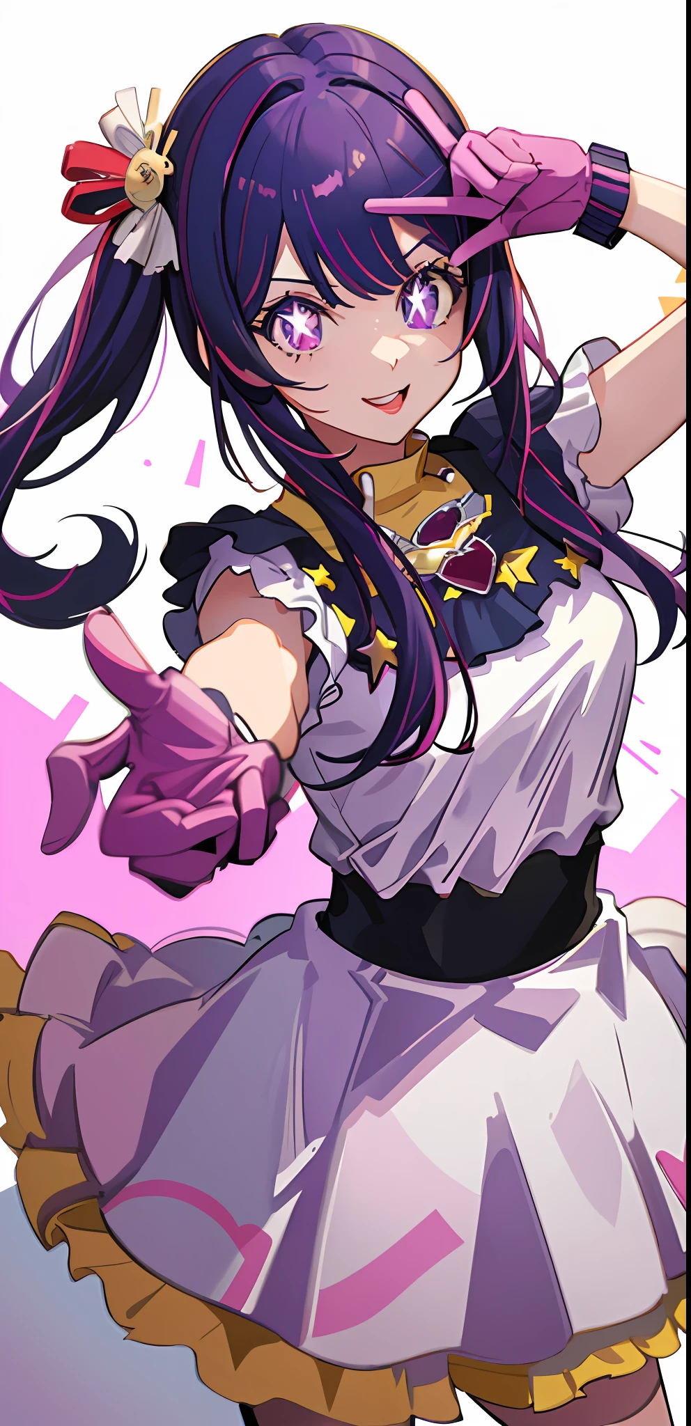 1girl, solo ,idol outfit, bangs, happy ,posing , multicolored hair, (masterpiece:1.2), highres, best quality, 8k, white background, purple hair, star eye pupils, pink eyes , mouth open