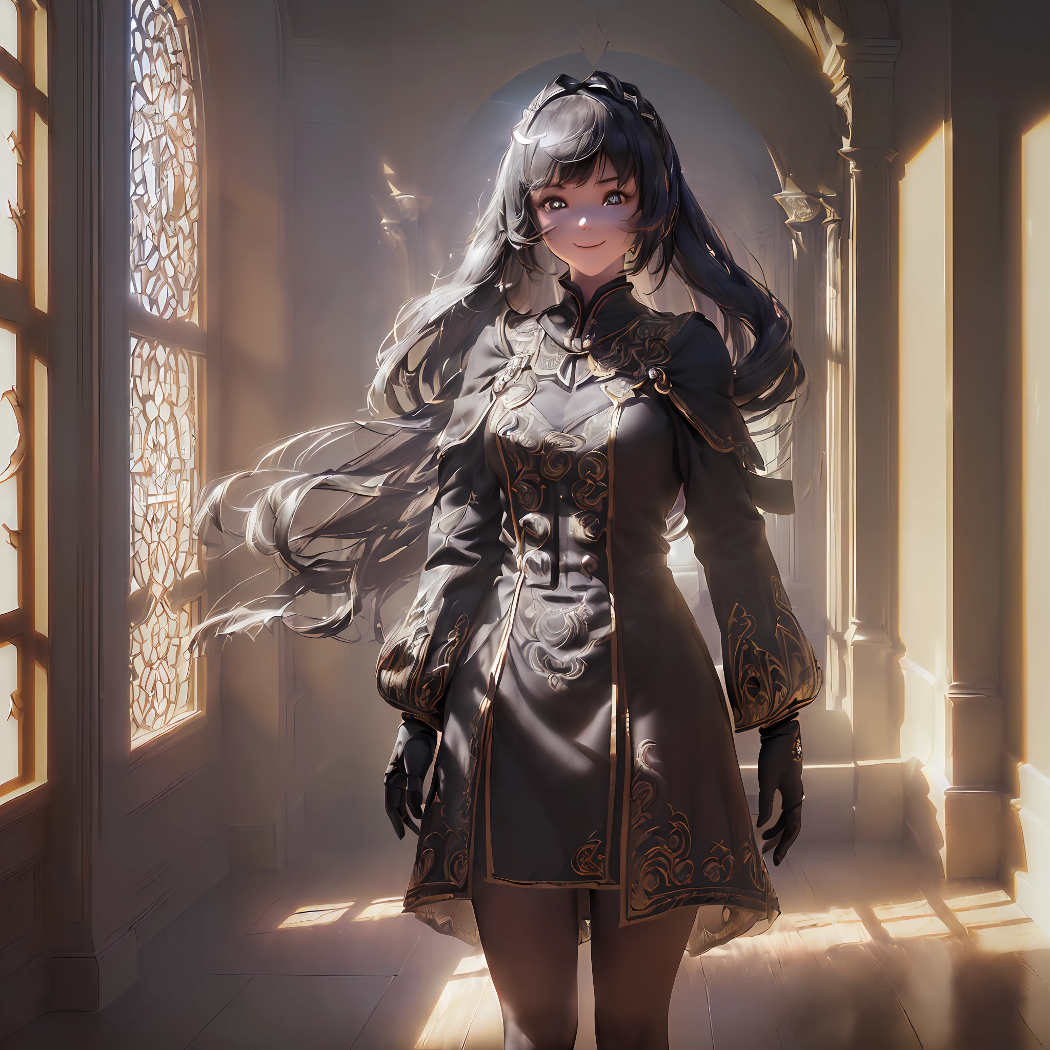 (((professional cinematic photo of a girl wandering in a hall, smiling, detailed face, ultimate shadow depth, volumetric shadowing, maximalism, best geometry, best image depth, volumetric, best lighting, best shadows, intricate shadows, best ambient occlusion, best textures, best detail, intricate details, insane details, RTX, Path tracing, busy setting, global shadow coverage, luminism, bioluminescence, shadow light, god rays, warm colors, high contrast, high focus, warm ambient shadows, best Form shadows, best Shadow receiving bounced light, best Core shadows, best Cast shadows, best Occlusion shadows, intricate shadow-light play,)))
