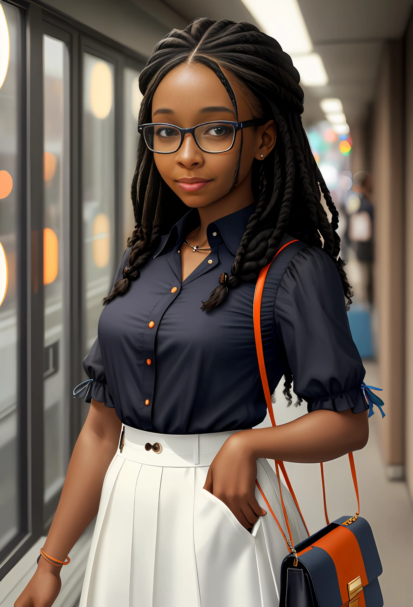 Black woman, technology, delicate, striking eyes, braided hair, blue and orange lights, realistic. natural skin, portrait masterpiece, front, blouse button, glasses, bag strap, loose hair, happy expression, contemporary, details, small breasts, mature teacher, very realistic
