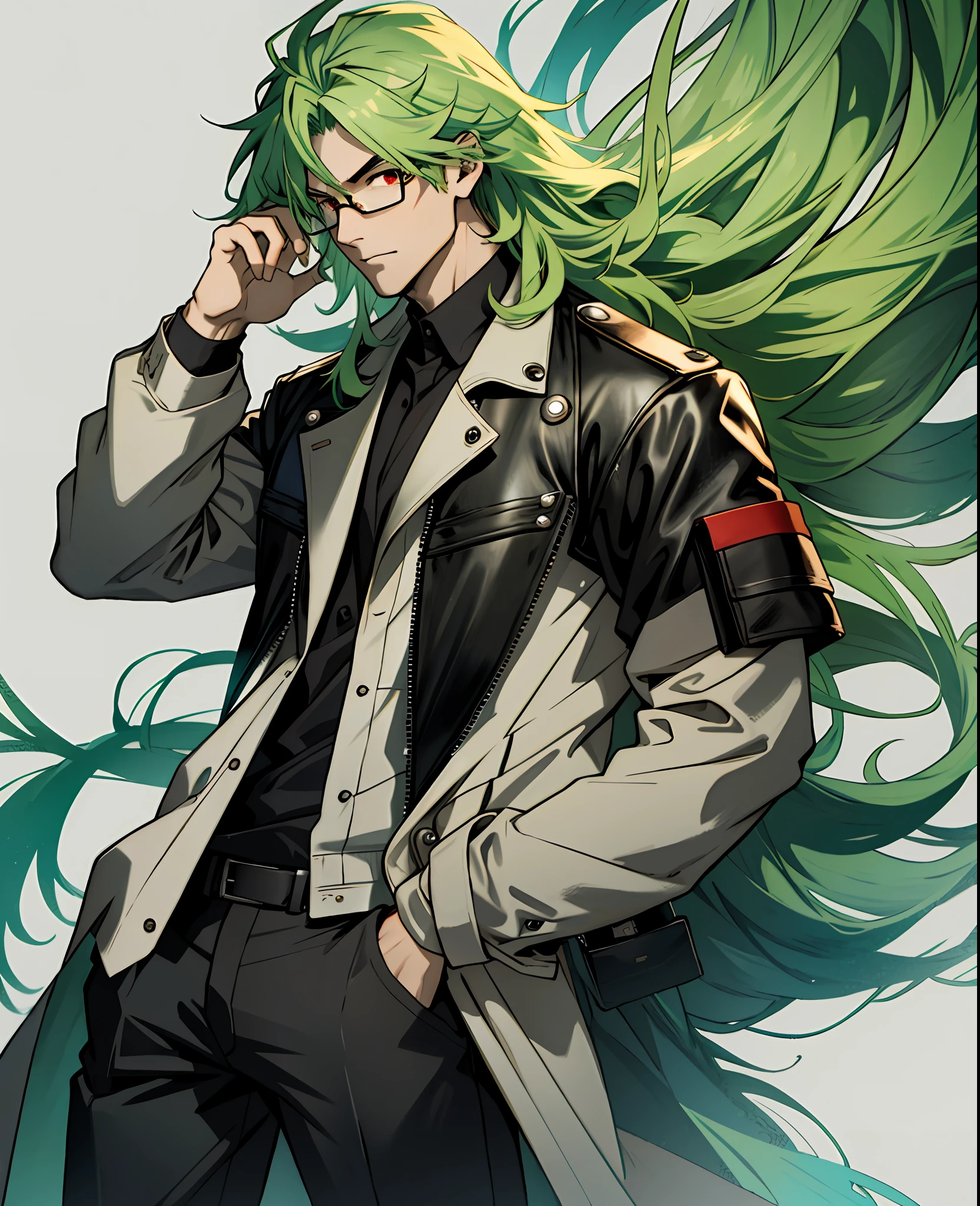 man, glasses, long green hair, red eyes, leather clothes, hand in pocket