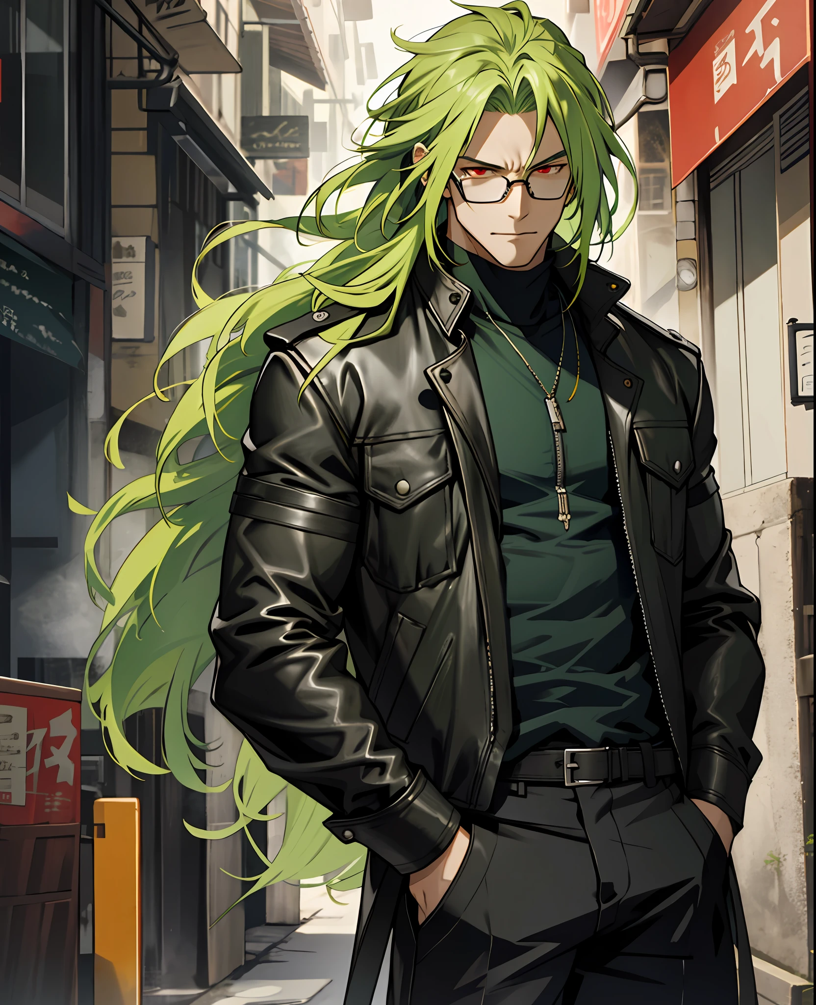 man, glasses, long green hair, red eyes, leather clothes, hand in pocket, muscular