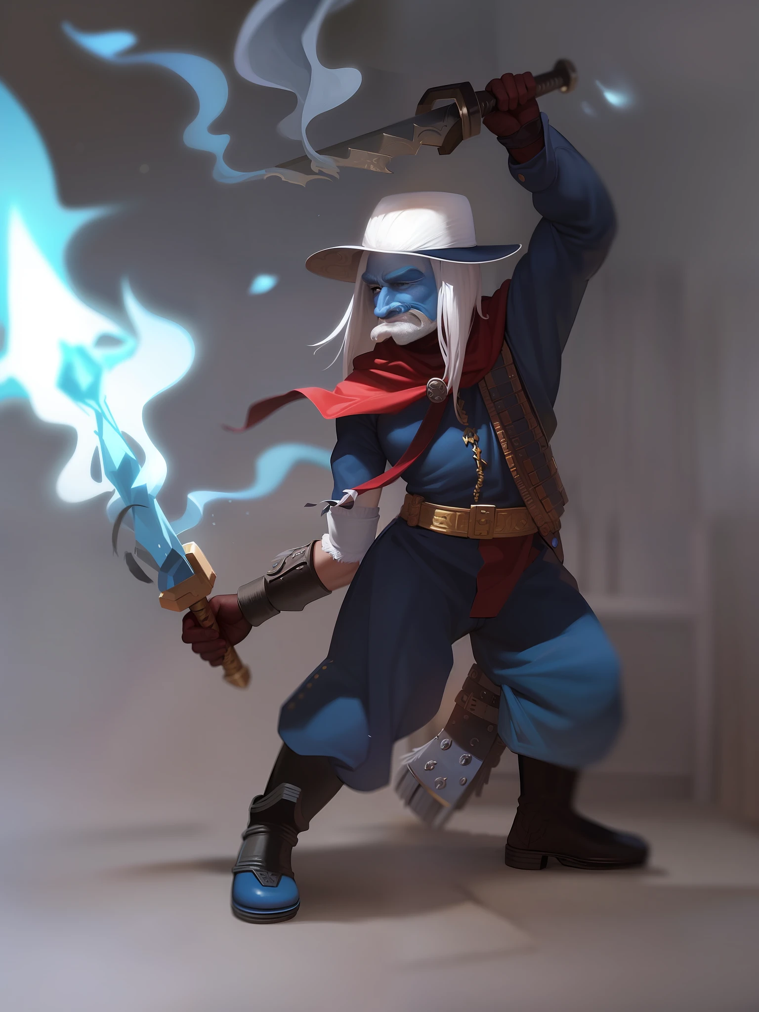 Argentine warrior with typical clothes, gaucho dnd character, dnd fantasy character, semirealistic, conseitual art, blue skin, ice powers, ice magic swords, white hair, white mustache, mustache, mustachioed man, leather clothes, gaucho, Latin features, red scarf. Magic the Gathring style. old badass. master.