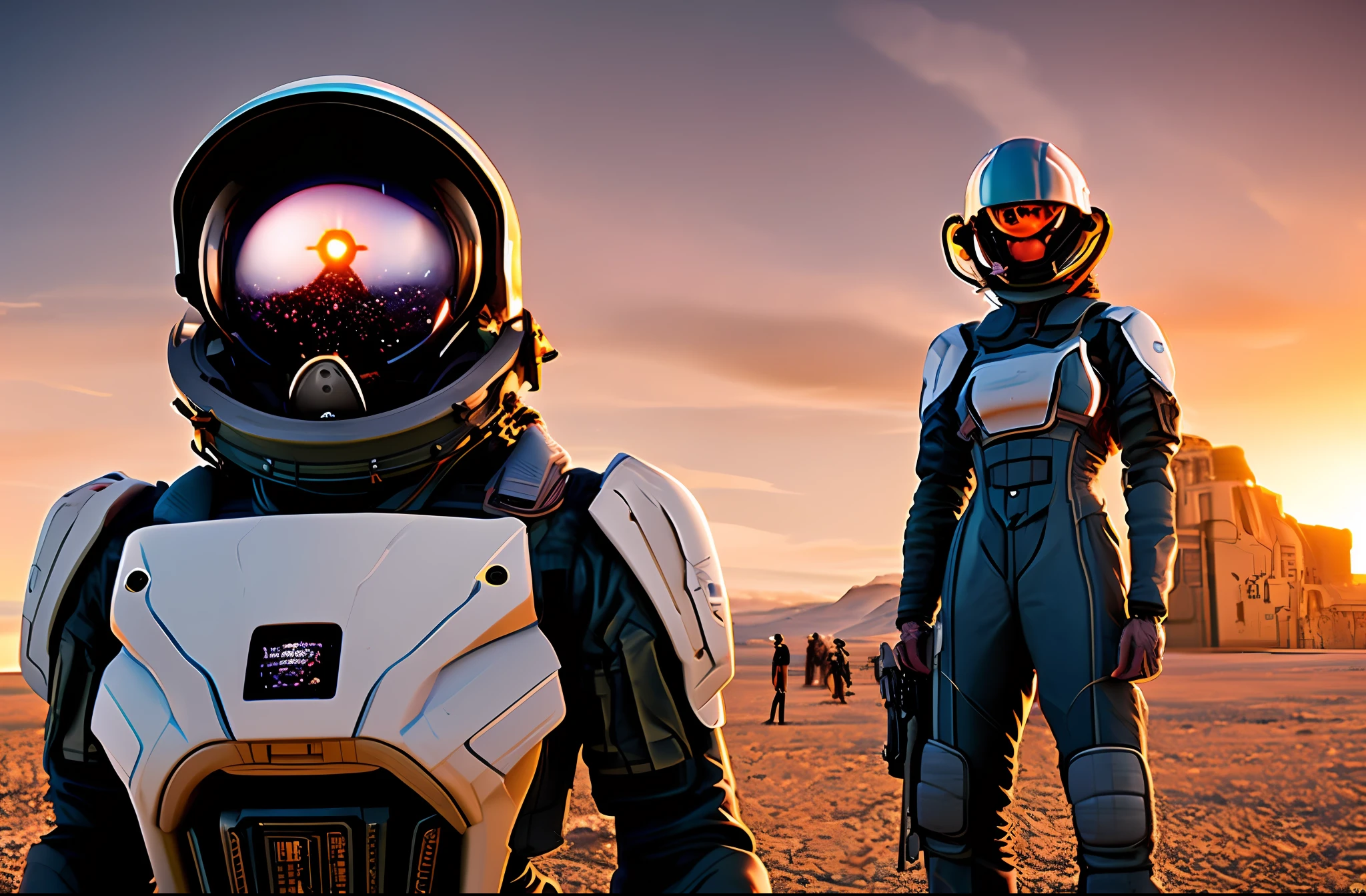 +dvMech style, future spaceship pilot, wide angle, 24mm, f1.8, close up, dvMJv4, photo realistic, spacestation background, dramatic sunset lighting, shadows, subtle details, diffusion, highlight blooming, low contrast, desaturated