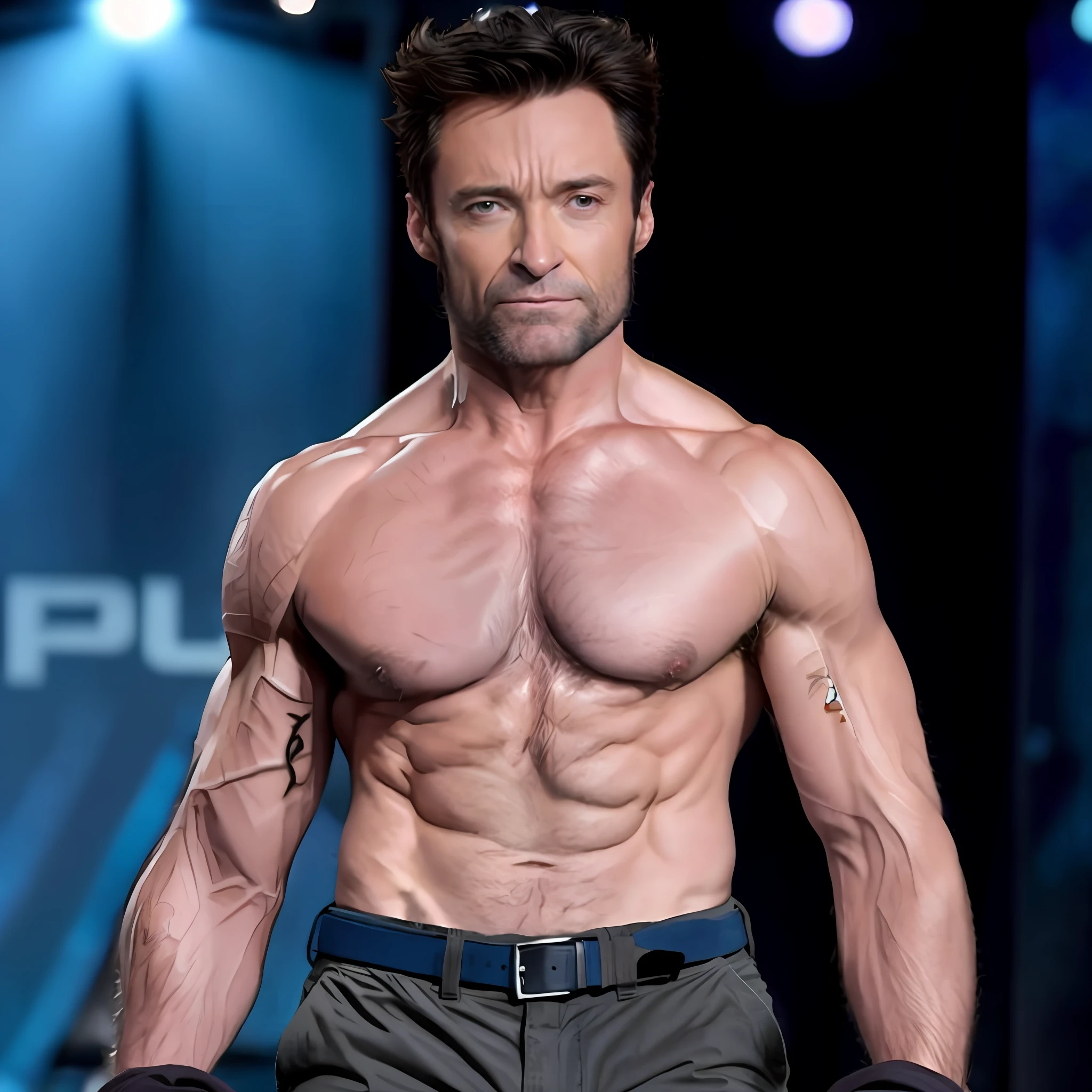 Hugh jackman dressed as Wolverine, showing his claws