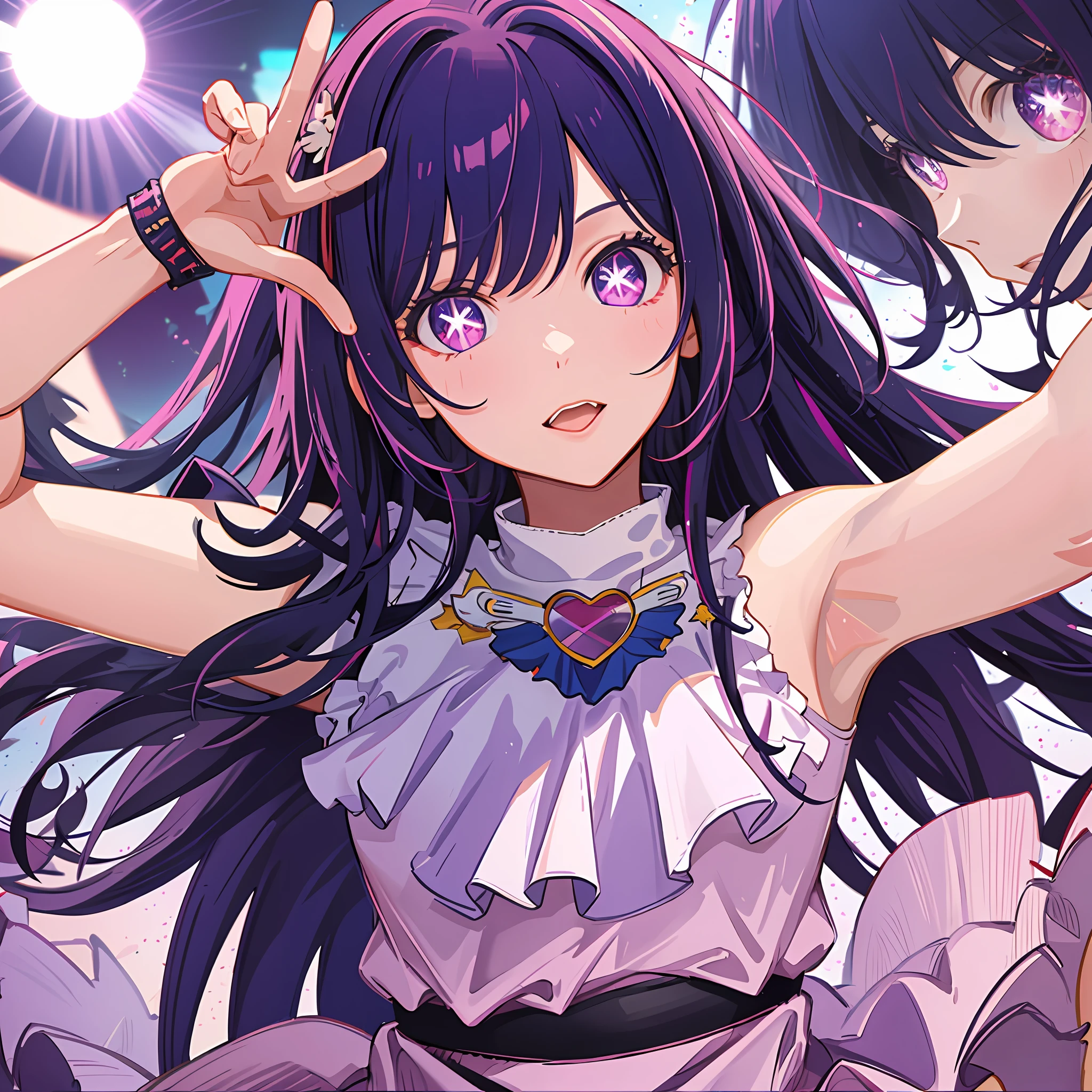 1girl, solo ,idol outfit, bangs, happy ,posing , multicolored hair, (masterpiece:1.2), highres, best quality, 8k, white background, purple hair, star eye pupils, pink eyes , mouth open