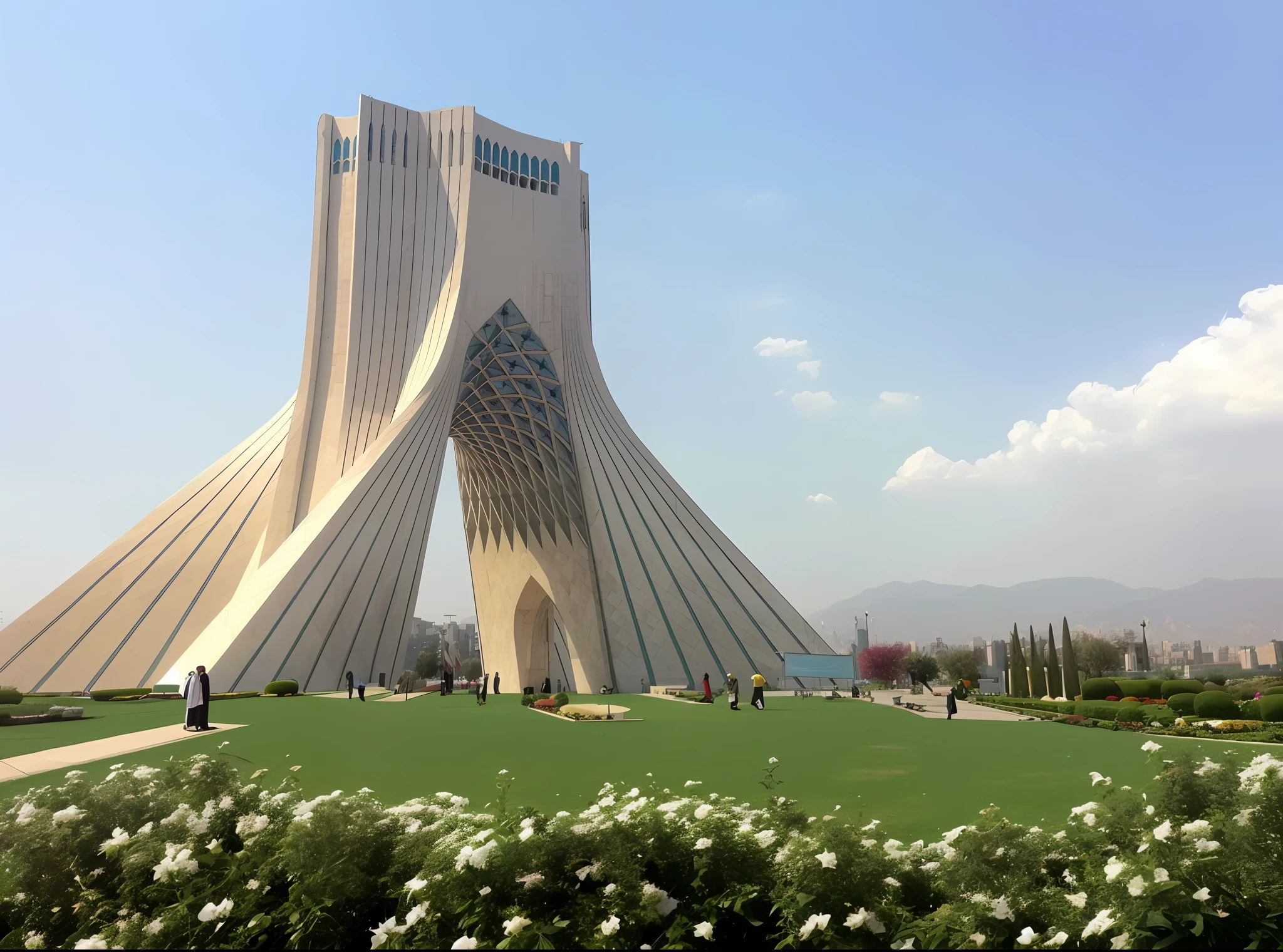 Azade tower of Tehran with two towers and a green lawn with white flowers, tehran, futuristic persian palace, persian style architecture, iran, islamic revolution, ancient persian city, exterior botanical garden, stunning sight, beautiful sunny day, Biophilic architecture in year 2050