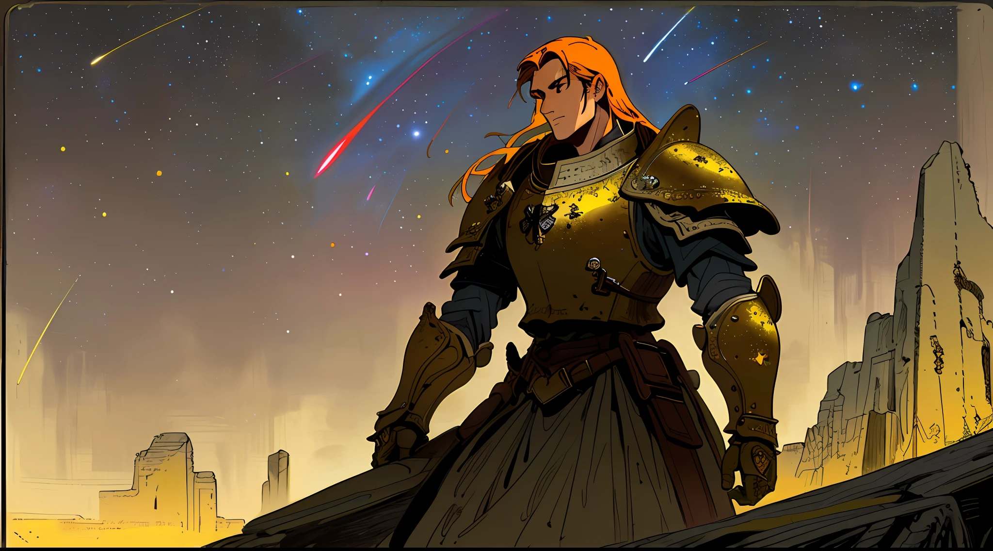 (masterpiece), (best quality), (better detail), (image edges like worn paper),(main color of illustration: saturated yellow), (secondary color: dark red), vintage illustration of a medieval warrior with metal armor (bright and realistic),(very detailed face with challenging posture, scene stone ruins, night (sky with many stars), shading (detailed, much contrast),  Highly saturated pulp colors