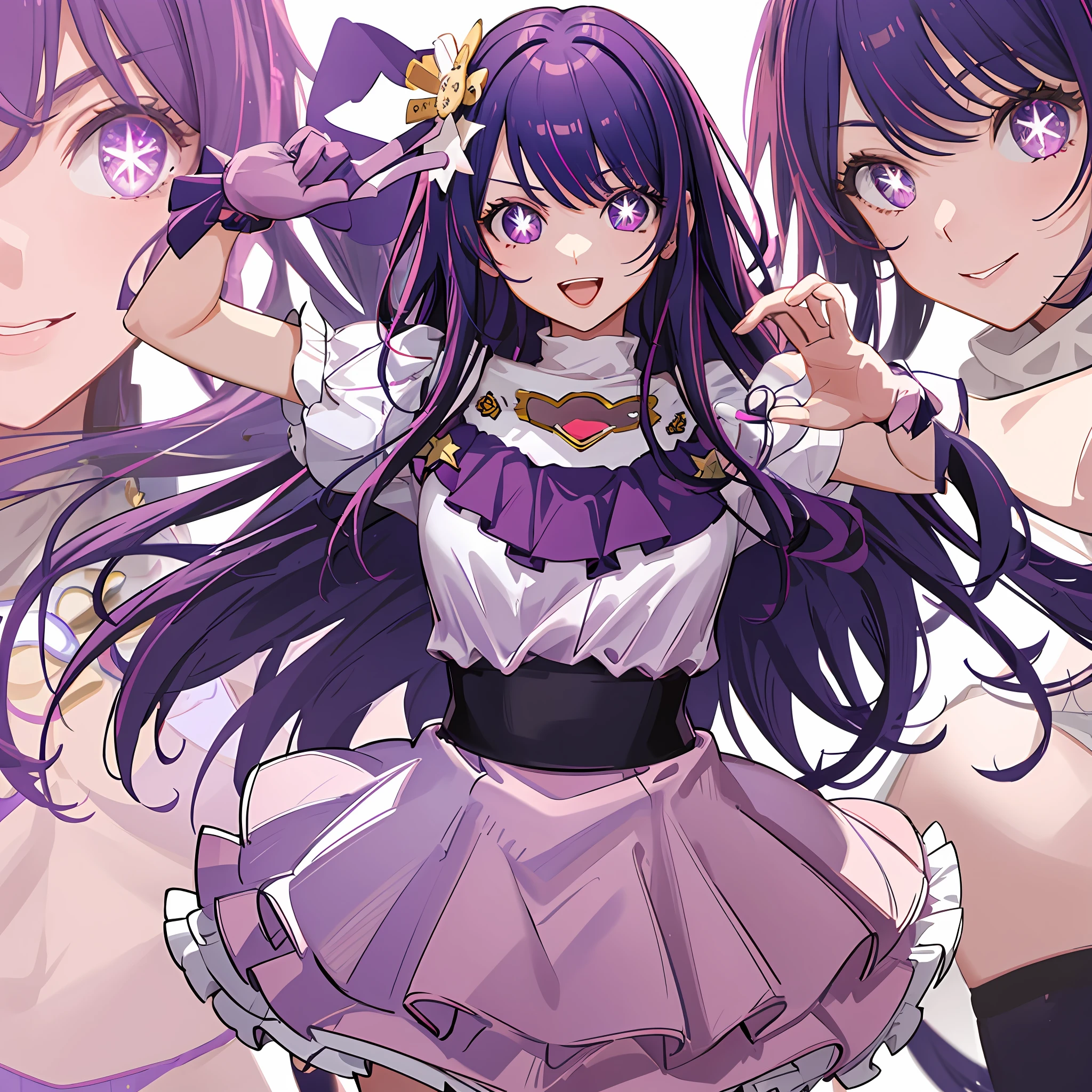 1girl, solo ,idol outfit, bangs, happy ,posing , multicolored hair, (masterpiece:1.2), highres, best quality, 8k, white background, purple hair, star eye pupils, pink eyes , mouth open