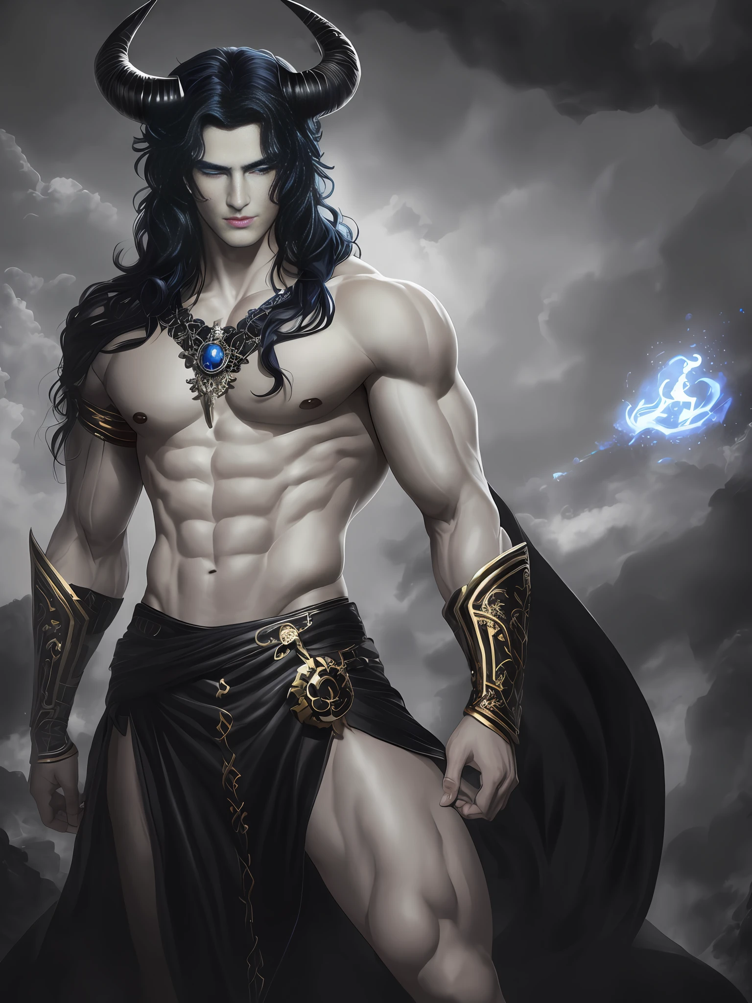 ((Best Quality, 8K, Masterpiece: 1.3)), A seductive and virile figure of Hades, with ((perfect blue eyes: 1.3)), long black hair, white skin and a perfect face, ((his black horns a sign of his power: 1.3)), stands tall with a perfect body and body proportions, Holding a bident, all rendered in a unique and creative style, all rendered in a detailed and high-quality style,  ((Detailed rendered eyes:1.3))