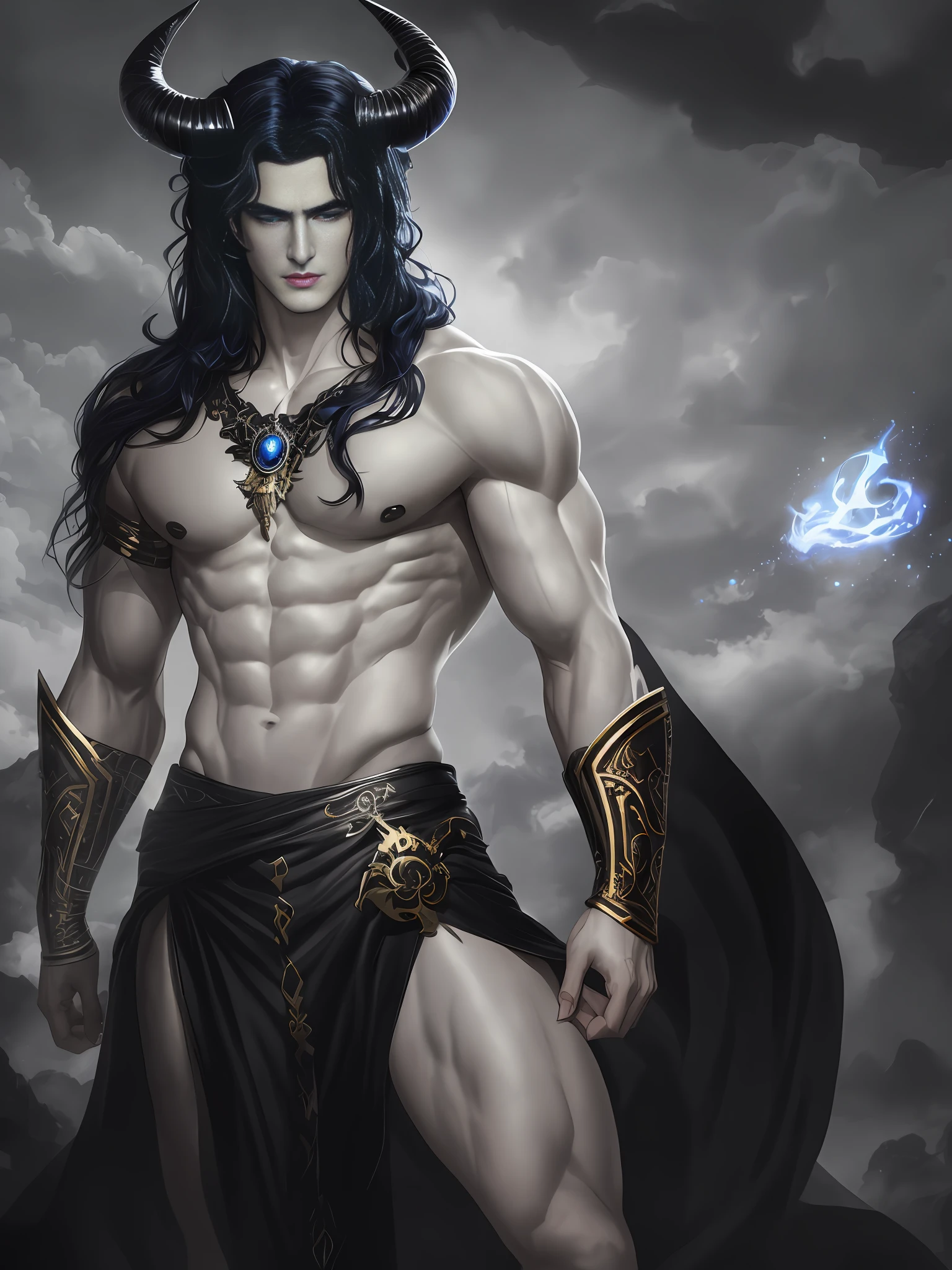 ((Best Quality, 8K, Masterpiece: 1.3)), A seductive and virile figure of Hades, with ((perfect blue eyes: 1.3)), long black hair, white skin and a perfect face, ((his black horns a sign of his power: 1.3)), stands tall with a perfect body and body proportions, Holding a bident, all rendered in a unique and creative style, all rendered in a detailed and high-quality style, ((Detailed rendered eyes:1.3))